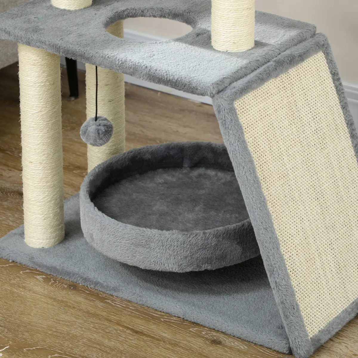 PawHut Cat Tree Tower for Indoor Cats w/ Scratching Posts, Pad, Light Grey, Toy Ball - Cat Tree