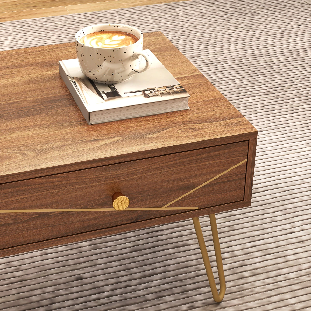 HOMCOM Coffee Table Long Woodgrain Finish With Two Drawers Gold Hairpin Legs Living Room by HOMCOM