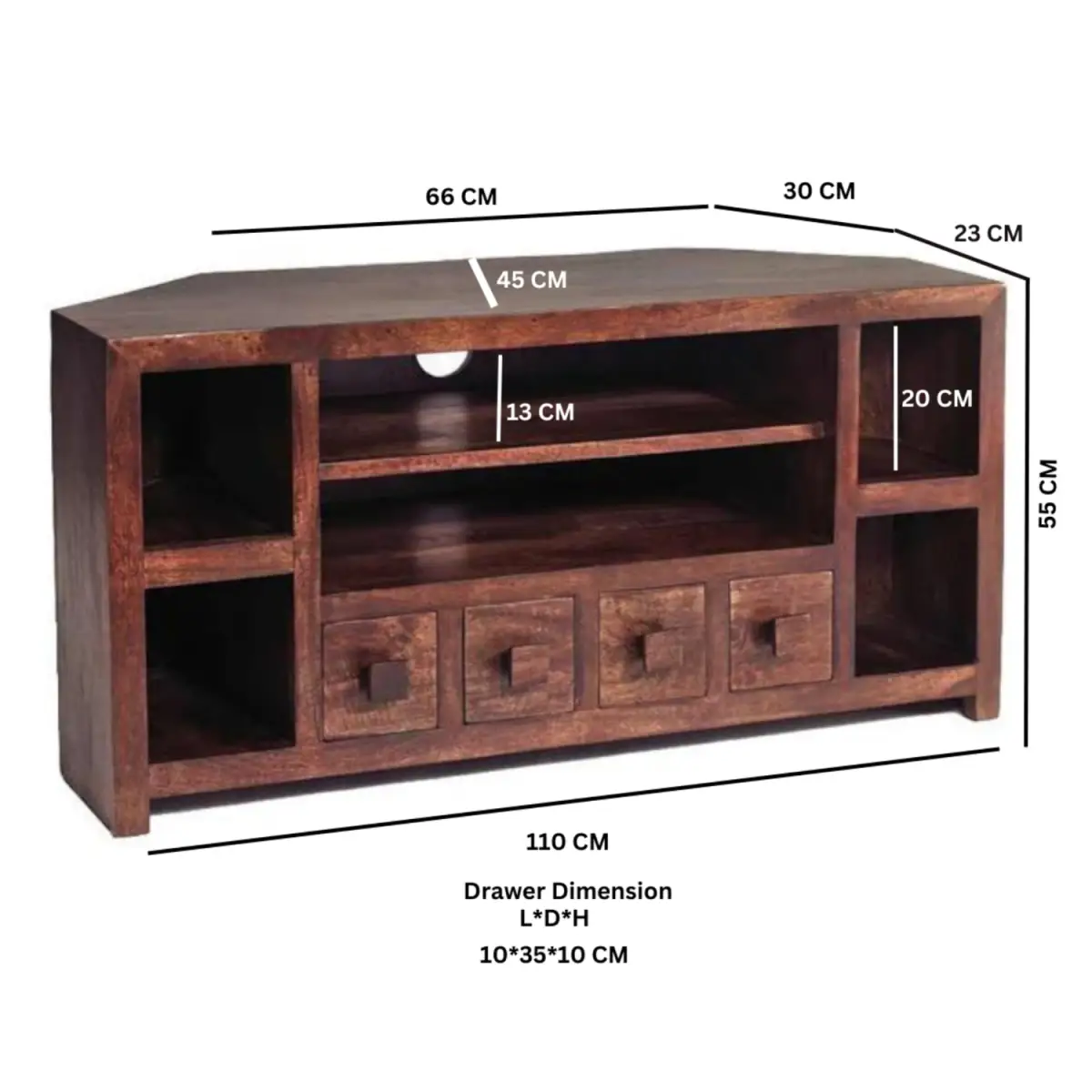 Contemporary Corner TV Unit In Dark Mango Finish, Sustainable Mango Wood, Fully Assembled, Open Shelves And 4 Drawers