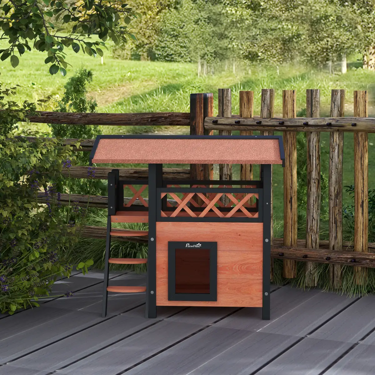 PawHut PawHut Outdoor Cat House with Balcony Stairs Roof, Brown - Cat House