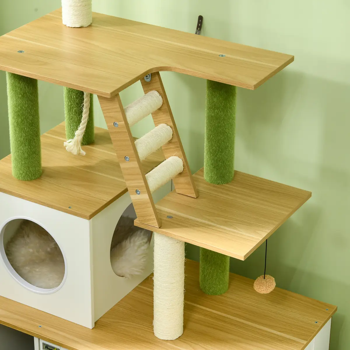 PawHut PawHut 2 in 1 Hidden Litter Box with Green Leaf Cat Tree, Indoor, Oak - Cat Tree