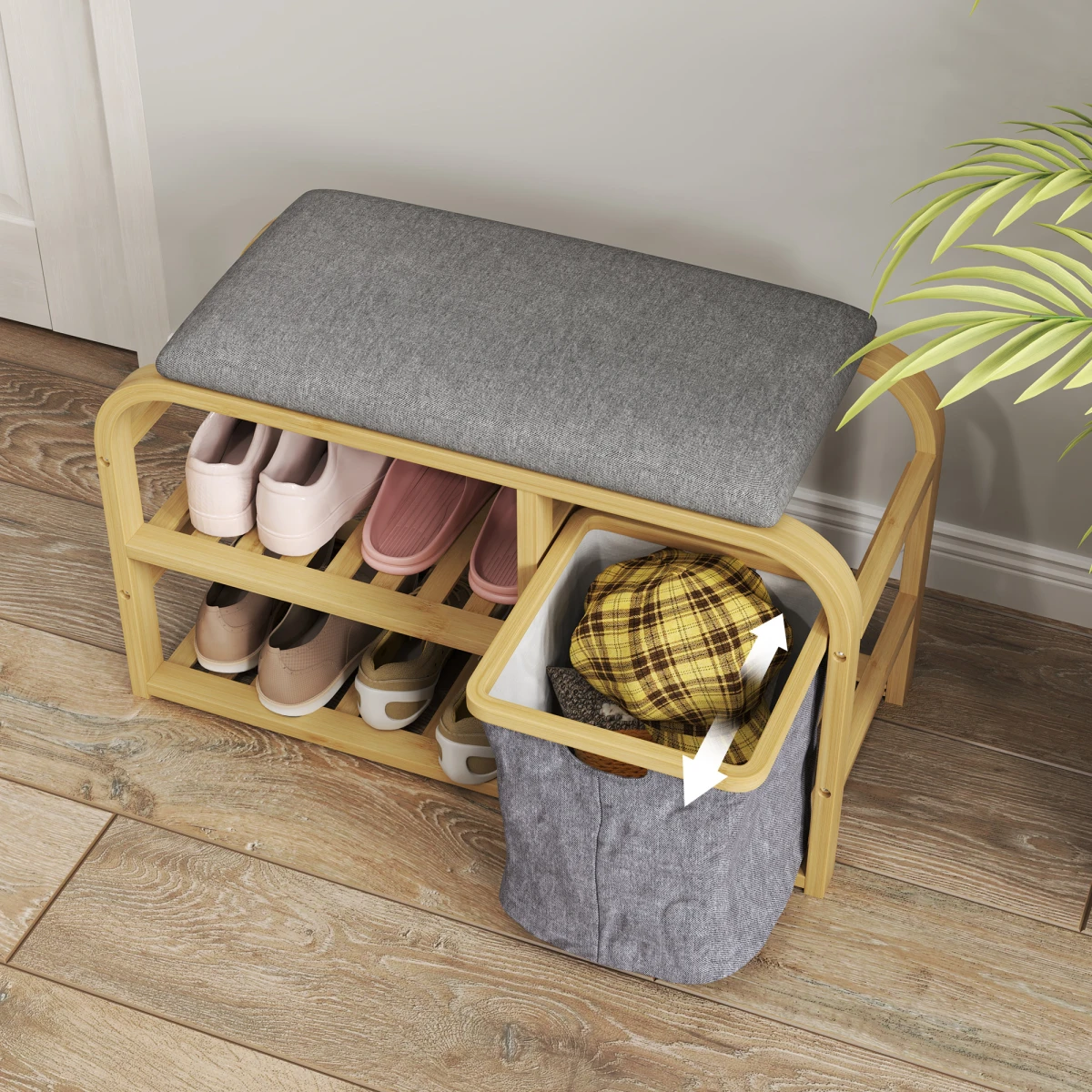 HOMCOM HOMCOM Bamboo Shoe Rack Bench With Padded Top And Pull Out Storage Basket Holds Four Pairs Natural Wood Finish Hallway - Shoe Storage