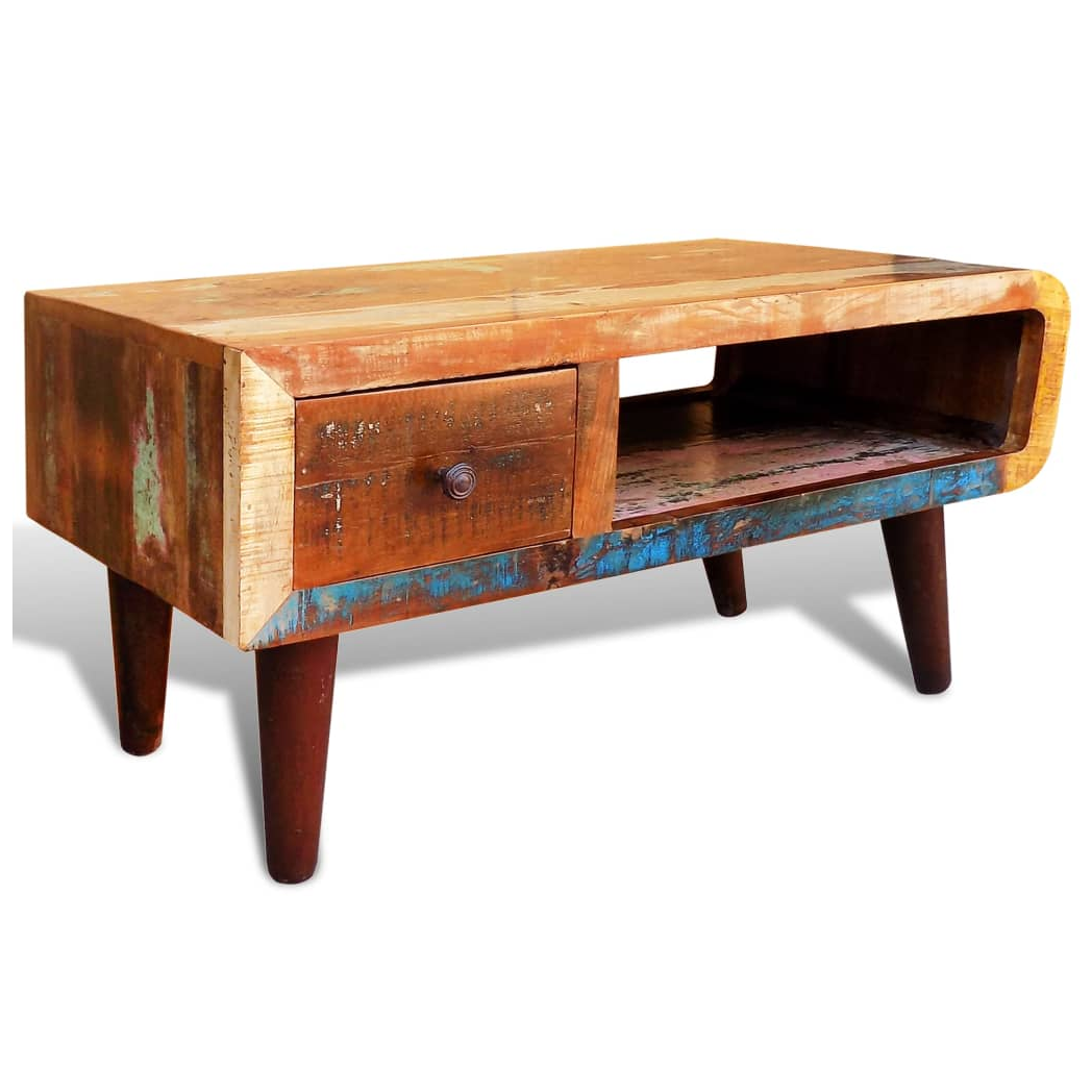 vidaXL VidaXL Coffee Table Reclaimed Wood With Curved Edge And 1 Drawer Antique Style Finish For Living Room - Coffee Table