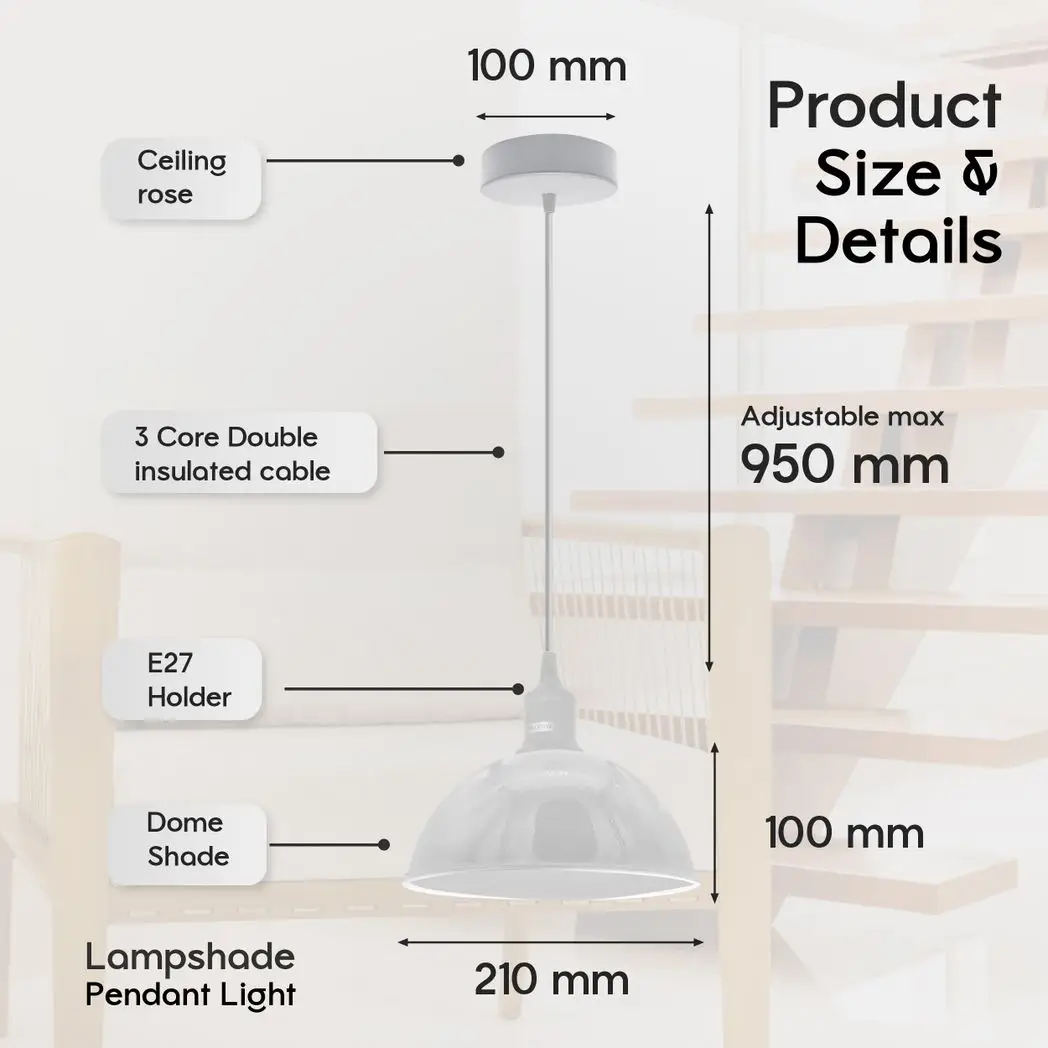 Un-branded 2Pack Dome Shaped White Loft Style Sturdy Metal Lamp Shade Pendant Lights 21cm Bottom Spray Painted Finish Inner White - Ceiling Lights