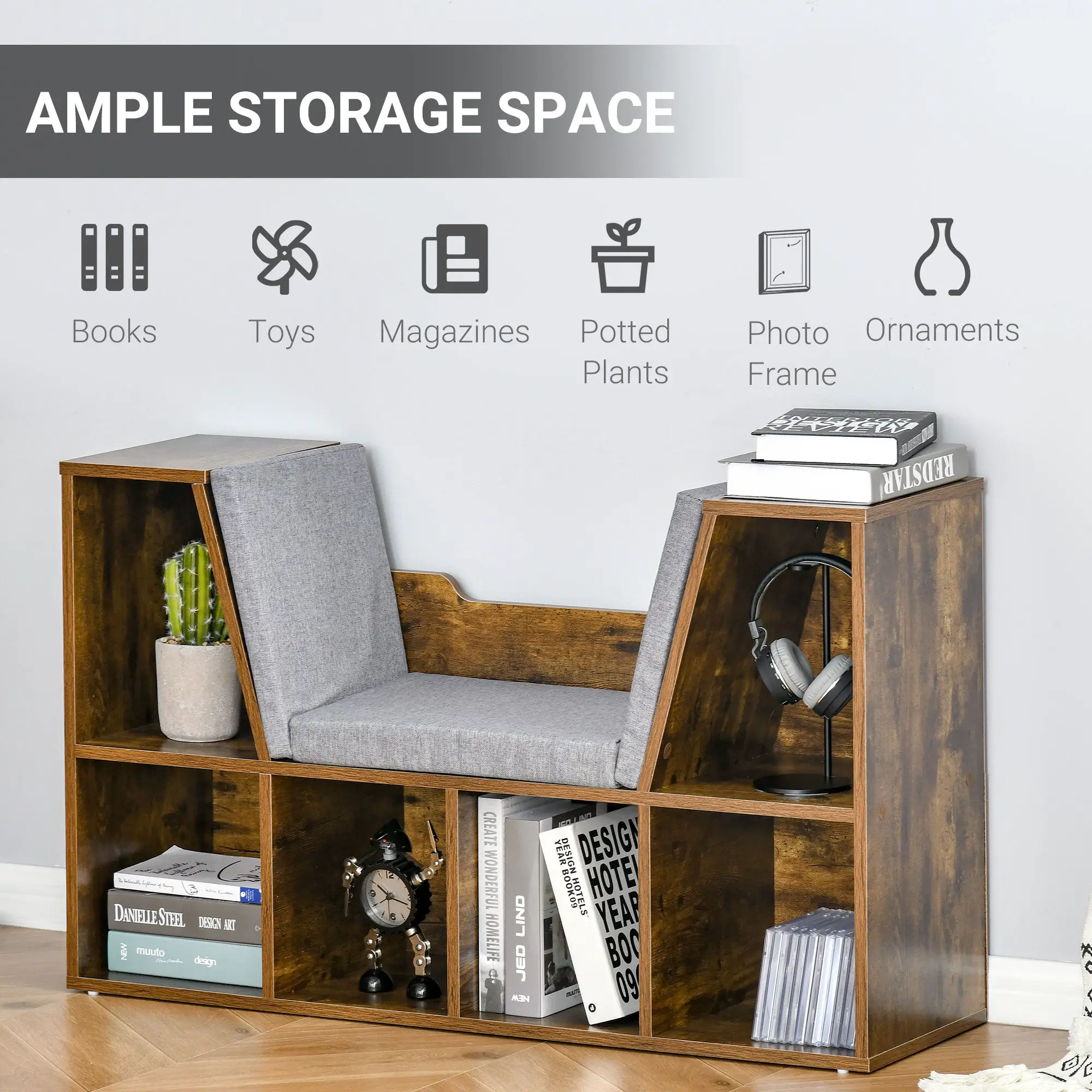 HOMCOM Bookcase Storage Reading Seat Unit Kids Adults Six Cubes Brown - Bookcase