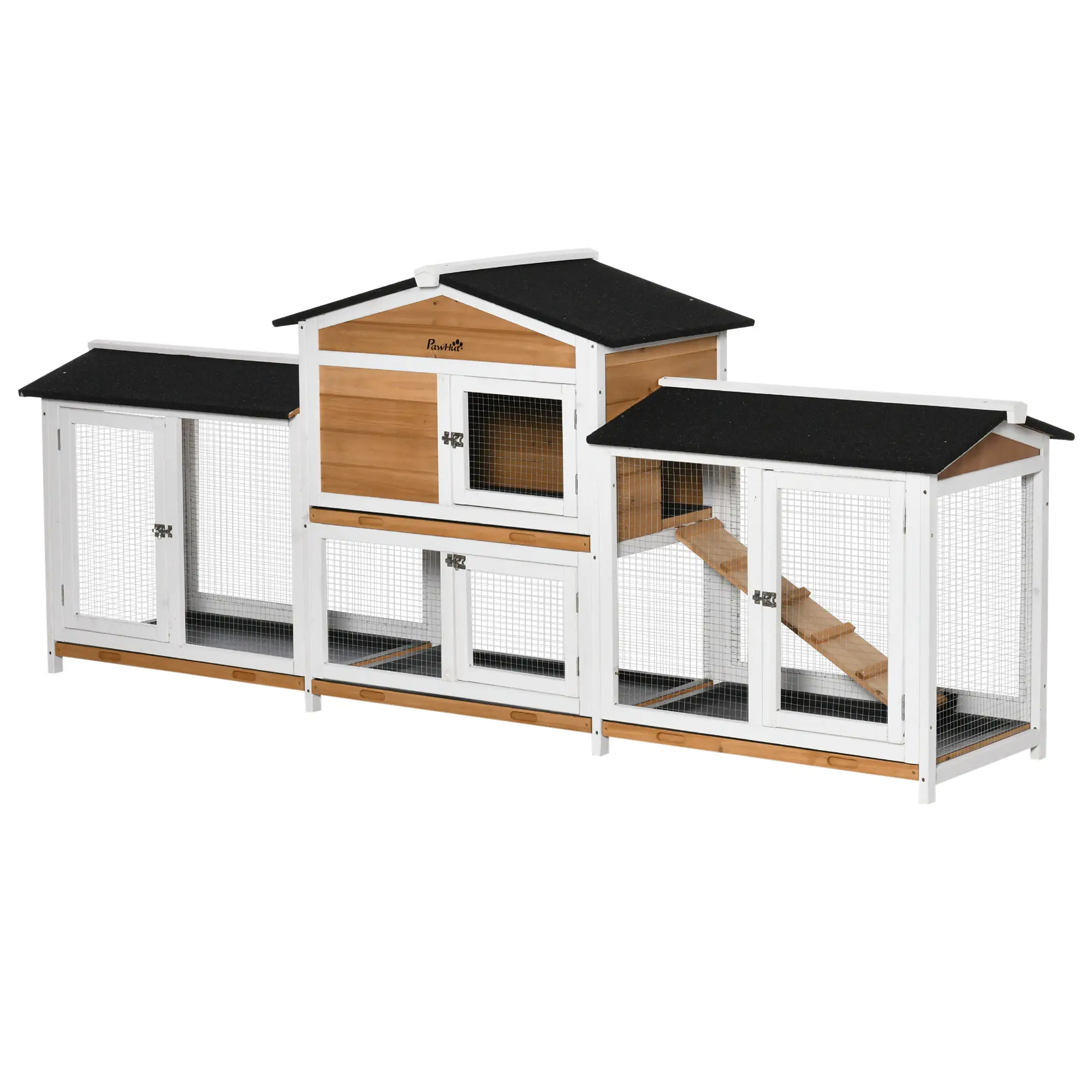 Pawhut Two-Tier Wooden Rabbit Hutch Guinea Pig Hutch w/ Two Runs, Slide-Out Tray, Ramp - Rabbit Hutch