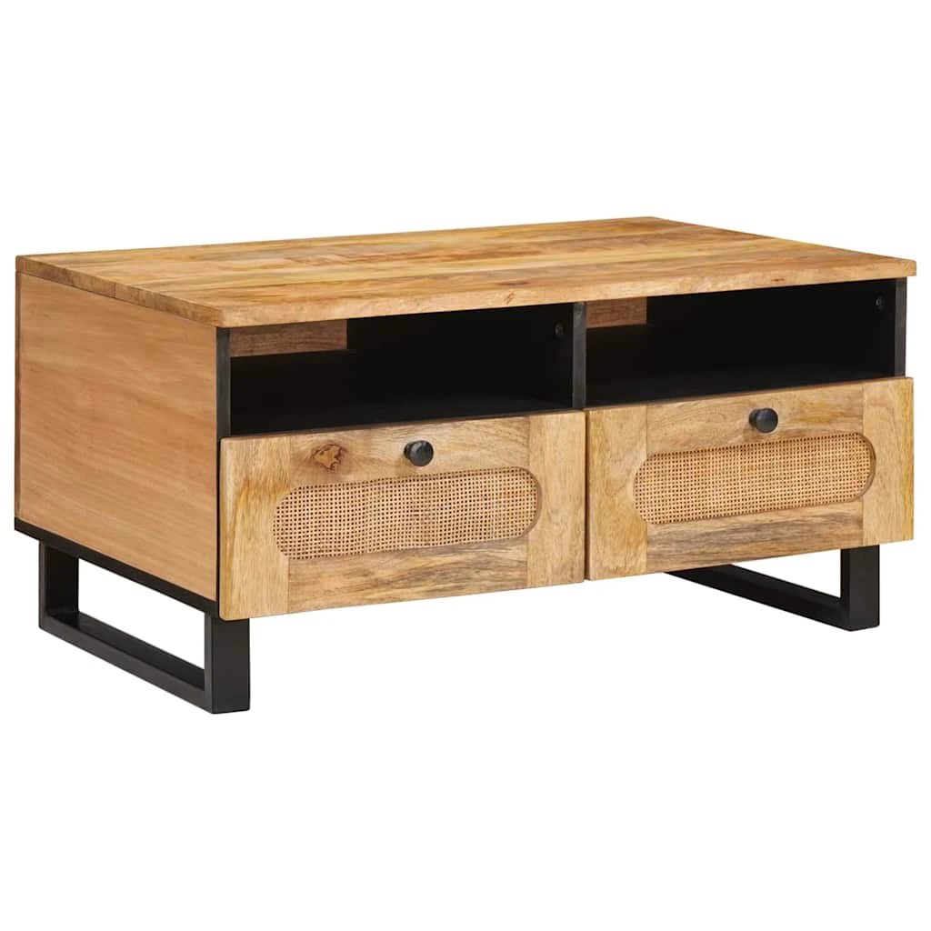 VidaXL Coffee Table Solid Mango Wood 80 X 54 X 40 cm With Open Shelves And Cane Drawer Fronts For Living Room Decor by vidaXL