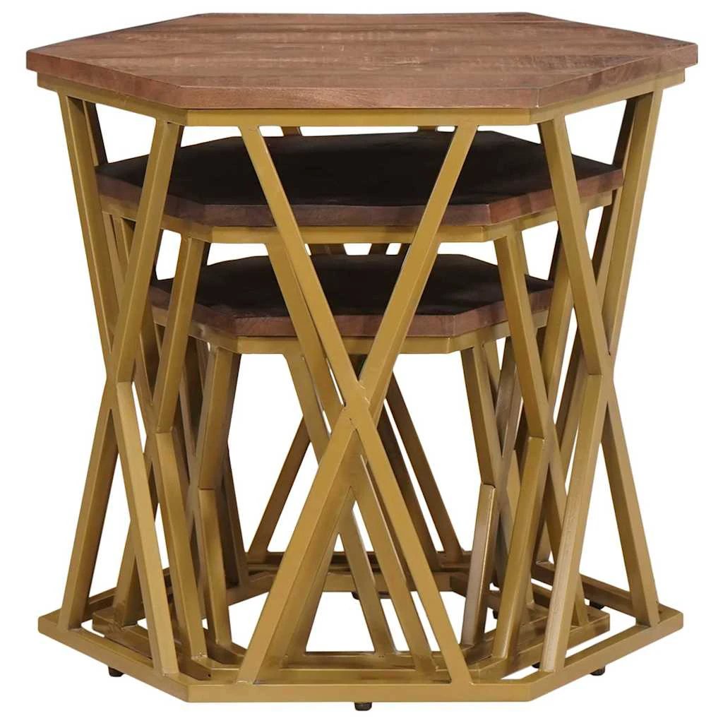 VidaXL Hexagonal Nesting Coffee Tables Set 55x55x50 cm Solid Mango Wood With Gold Frame Living Room Decor by vidaXL