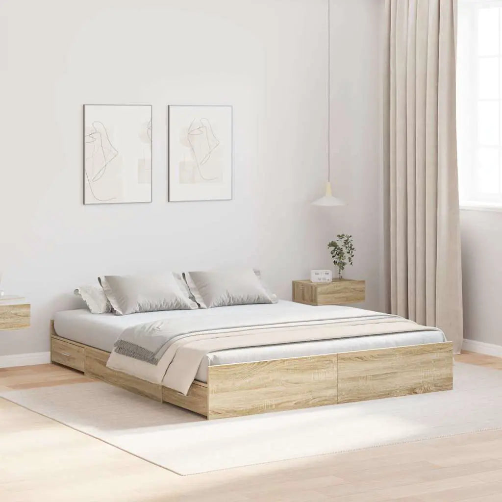 vidaXL Storage Bed Frame Sonoma Oak 140 x 190 cm Engineered Wood - from vidaXL