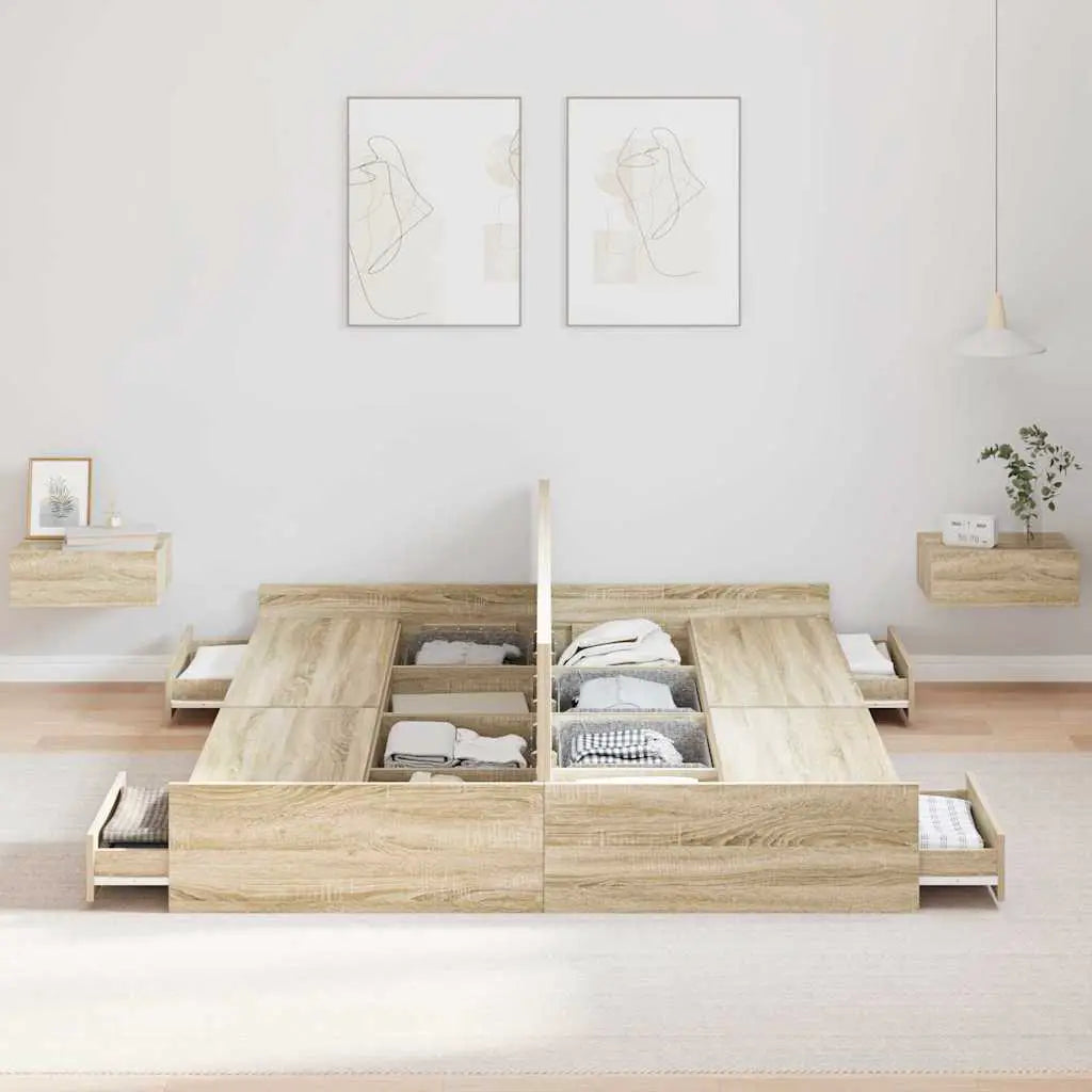 vidaXL Storage Bed Frame Sonoma Oak 140 x 190 cm Engineered Wood - from vidaXL