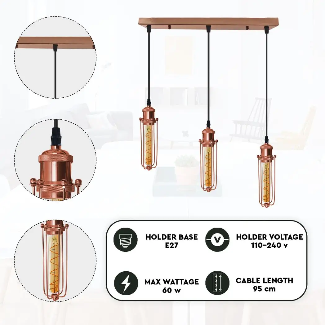 LEDSONE 3 Head Rectangle Rose Gold Ceiling E27 Pendant Light with Wire Cage, Industrial Vintage Hanging Lamp Fixture - Pendant Lights