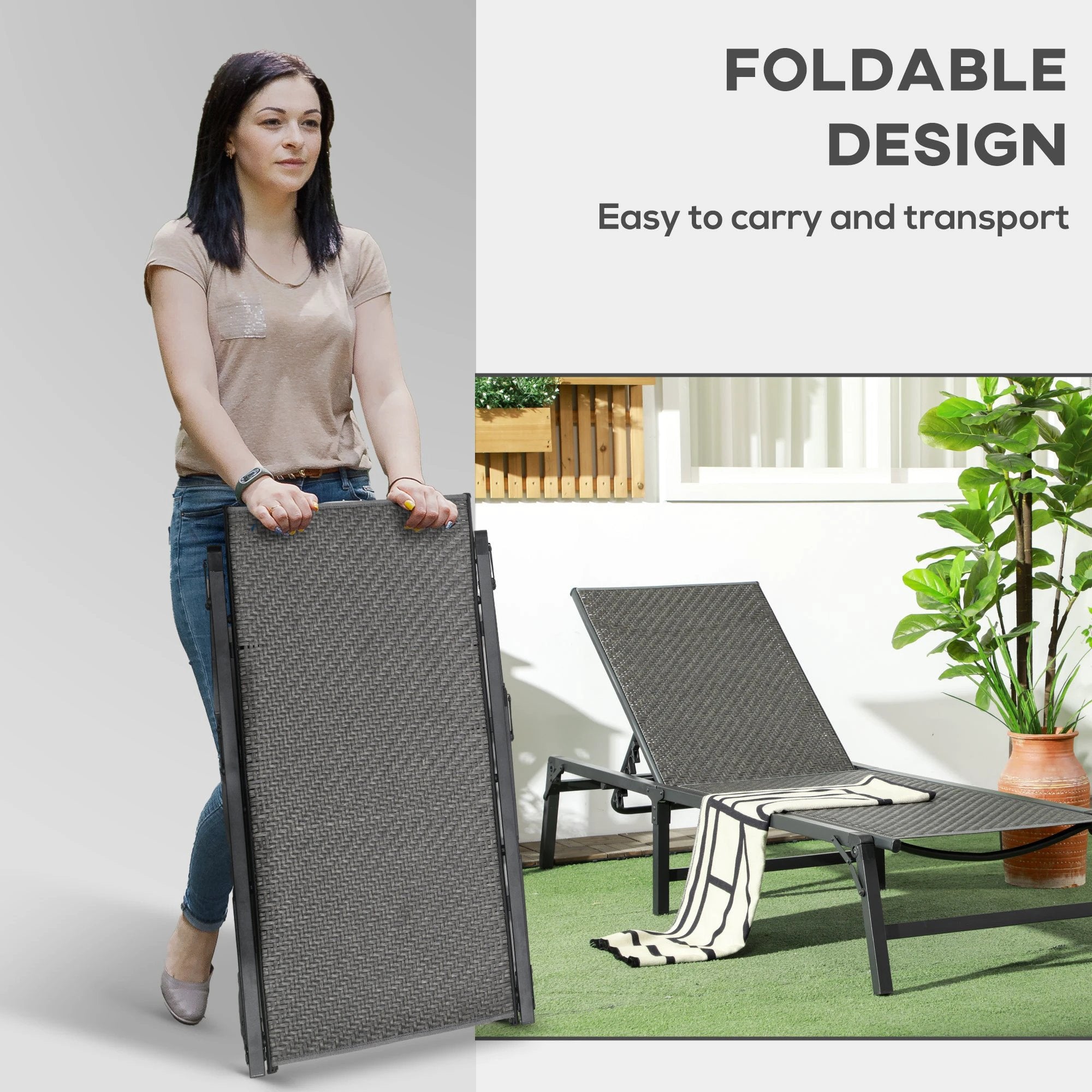 Outsunny Foldable PE Rattan Sun Lounger with 5-Level Adjustable Backrest by Outsunny