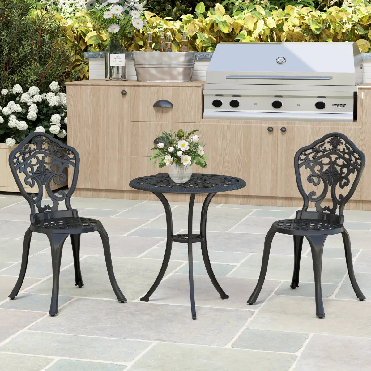 Outsunny Outsunny 3 PCs Cast Aluminium Bistro Set w/ Parasol Hole for Balcony, Black - Garden Set