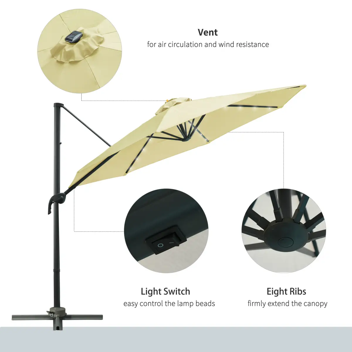 Outsunny 3m Cantilever Parasol Patio Umbrella with LED Solar Light Beige - Parasol
