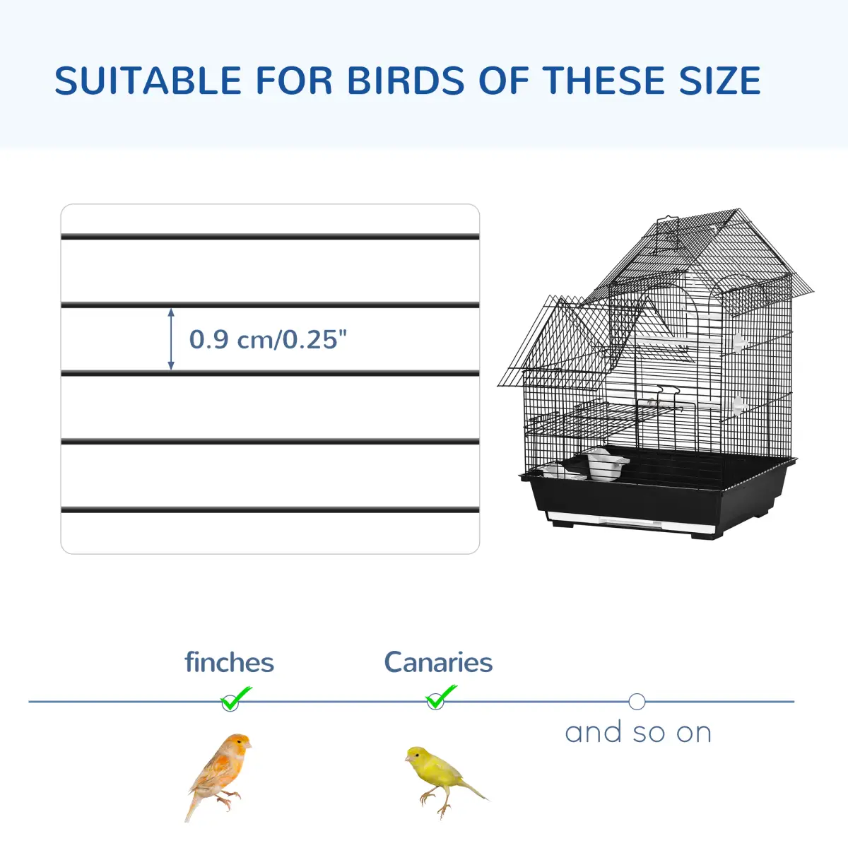PawHut Metal Bird Cage w/ Plastic Perch, Food Container, Swing Ring, Handle - Black - Bird Cage