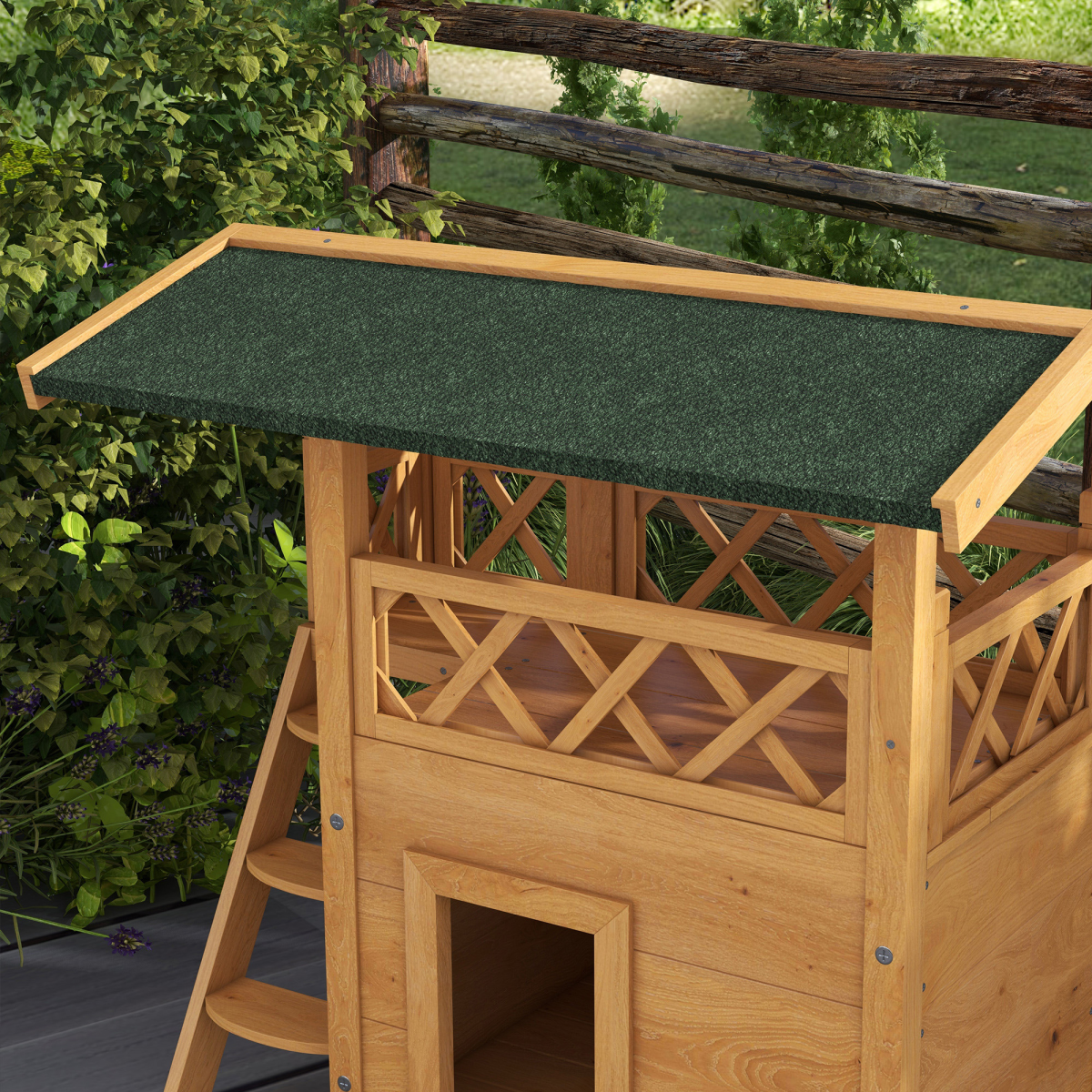 Outdoor Cat House With Balcony And Stairs PawHut Natural Fir Wood Elevated Weatherproof Roof