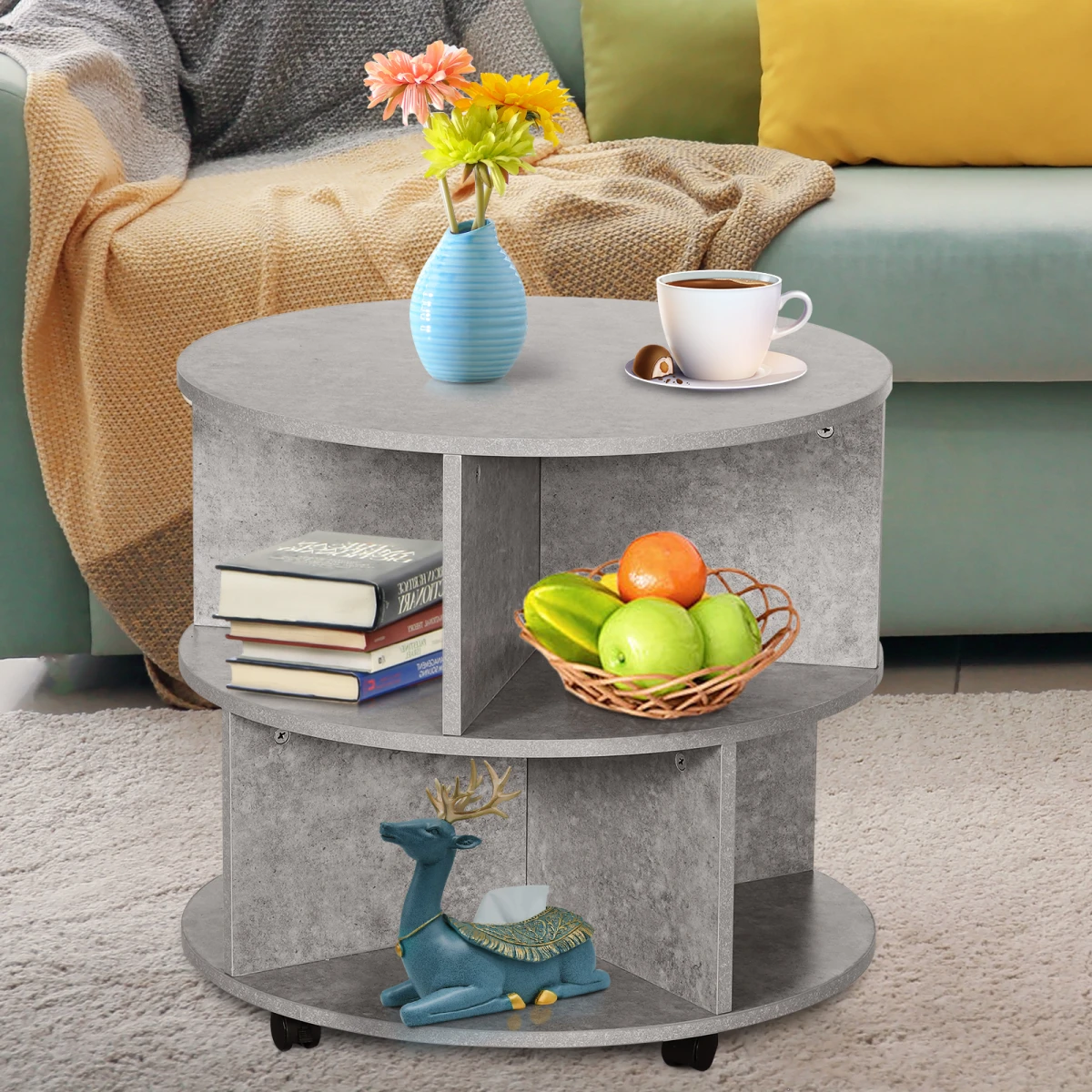 HOMCOM Concrete Finish Round Coffee Table 60x39.5cm Two Tier With Sector Shelves For Living Room - Coffee Table