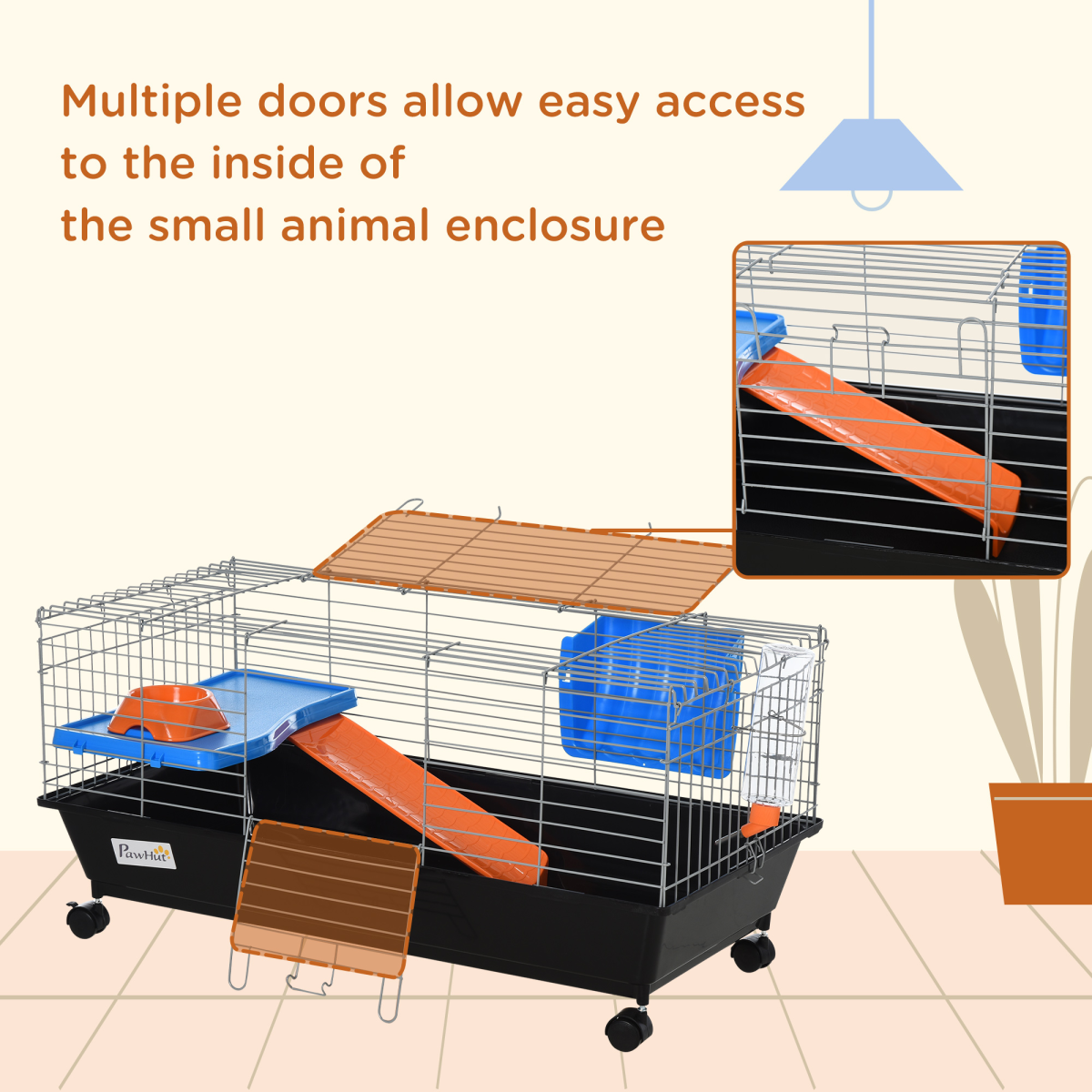 89cm Small Animal Home Cage for Rabbit Ferret Chinchilla w/ Wheels Black - from Pawhut