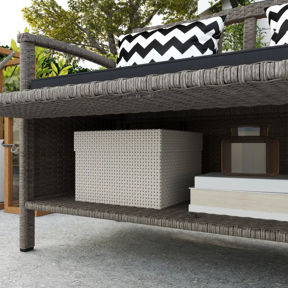 Outsunny Outsunny 160L Rattan Garden Storage Bench, Cushioned Outdoor Bench, Grey - Garden Chairs