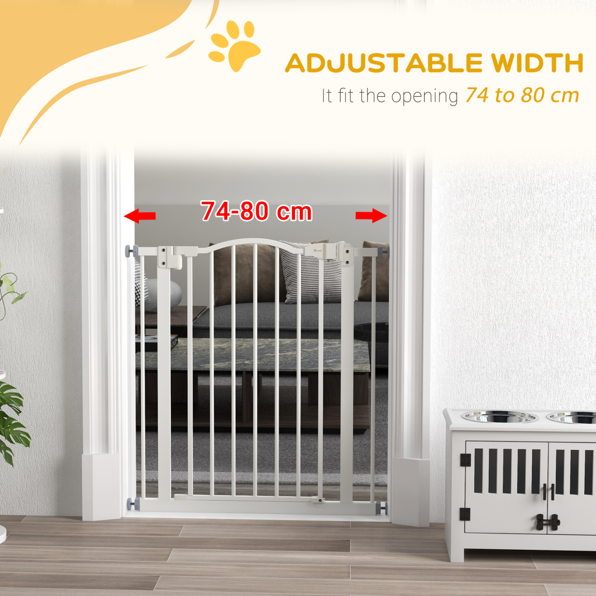 PawHut 74-80cm Adjustable Metal Pet Gate Safety Barrier w/ Auto-Close White - from PawHut