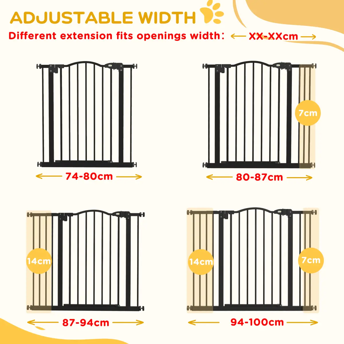 PawHut PawHut 74-100cm Adjustable Metal Pet Gate Safety Barrier w/ Auto-Close Black - Pet Gate