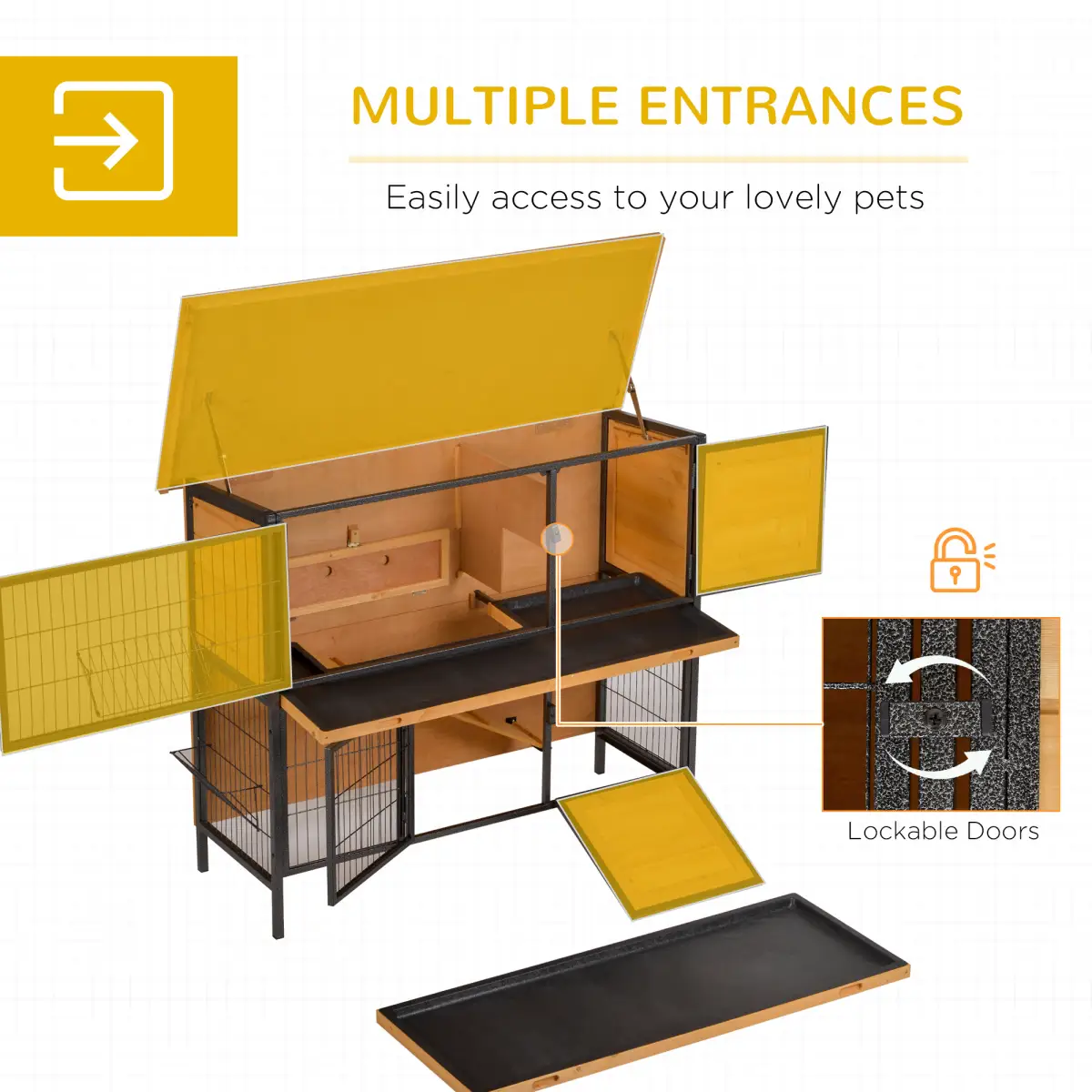 Pawhut Wooden Metal Rabbit Hutch Pet House Bunny w/ Slide-Out Tray Outdoor Light Yellow - Rabbit Hutch
