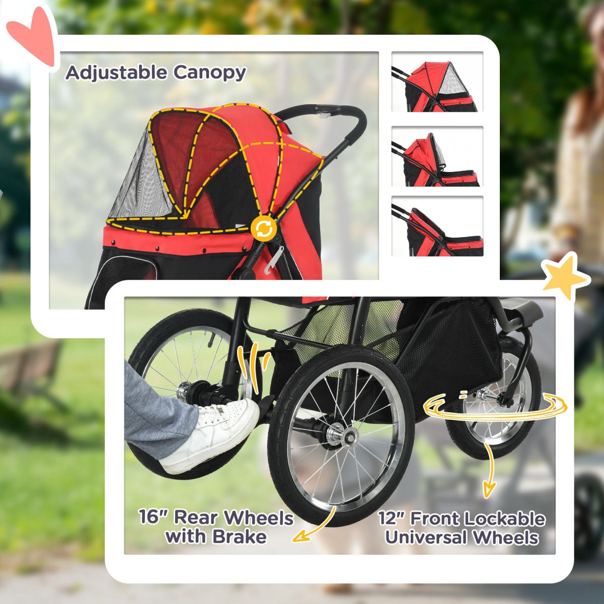 Foldable Pet Stroller Jogger w/ Canopy, Three Wheels, for Medium Dogs - Red - from PawHut