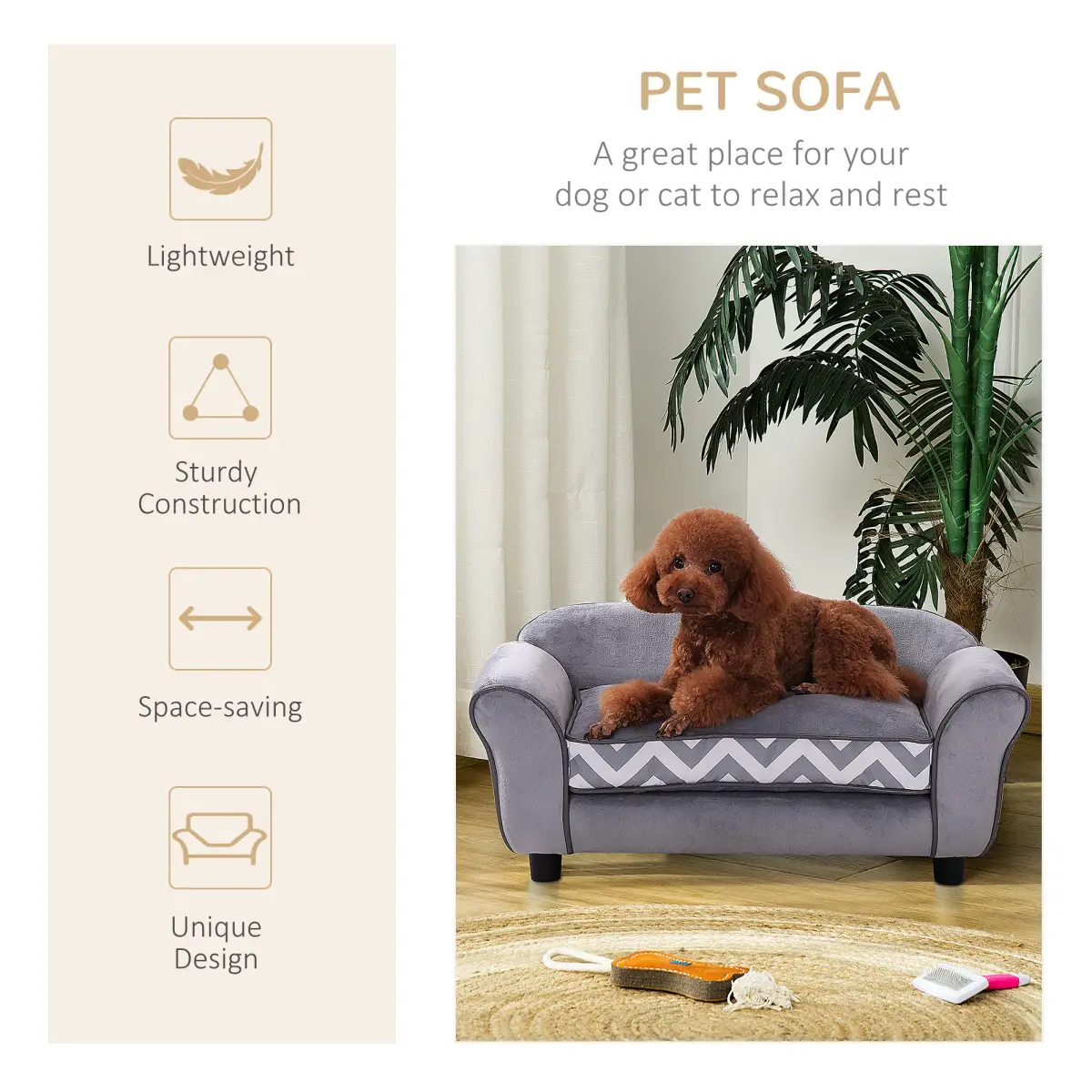 PawHut Dog Sofa Cat Couch Bed for XS Dogs w/ Removable Sponge Cushion - Grey - Dog Beds