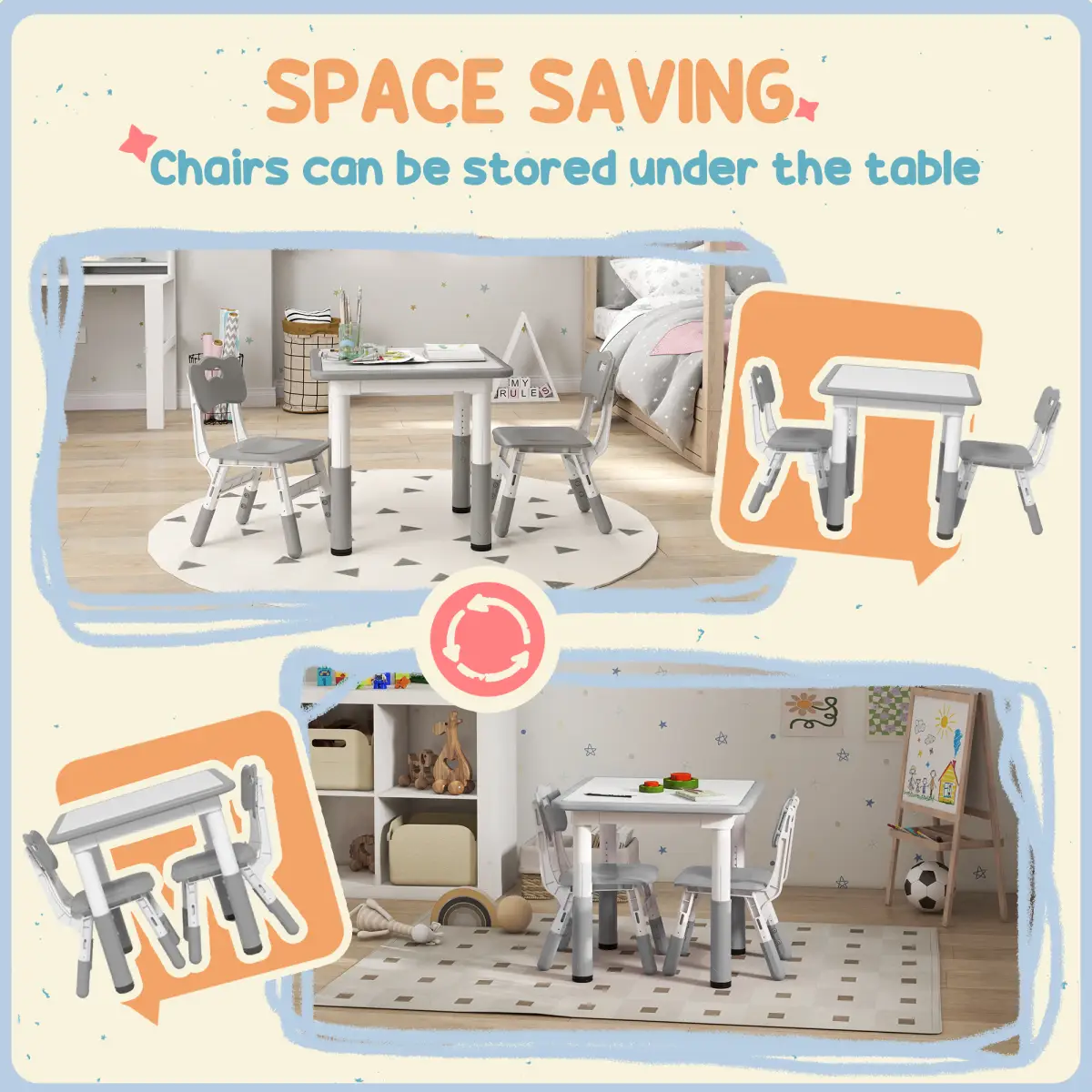 AIYAPLAY AIYAPLAY 3 Pcs Height Adjustable Kids Table and Chair Set for Playroom - Grey - Picnic Tables