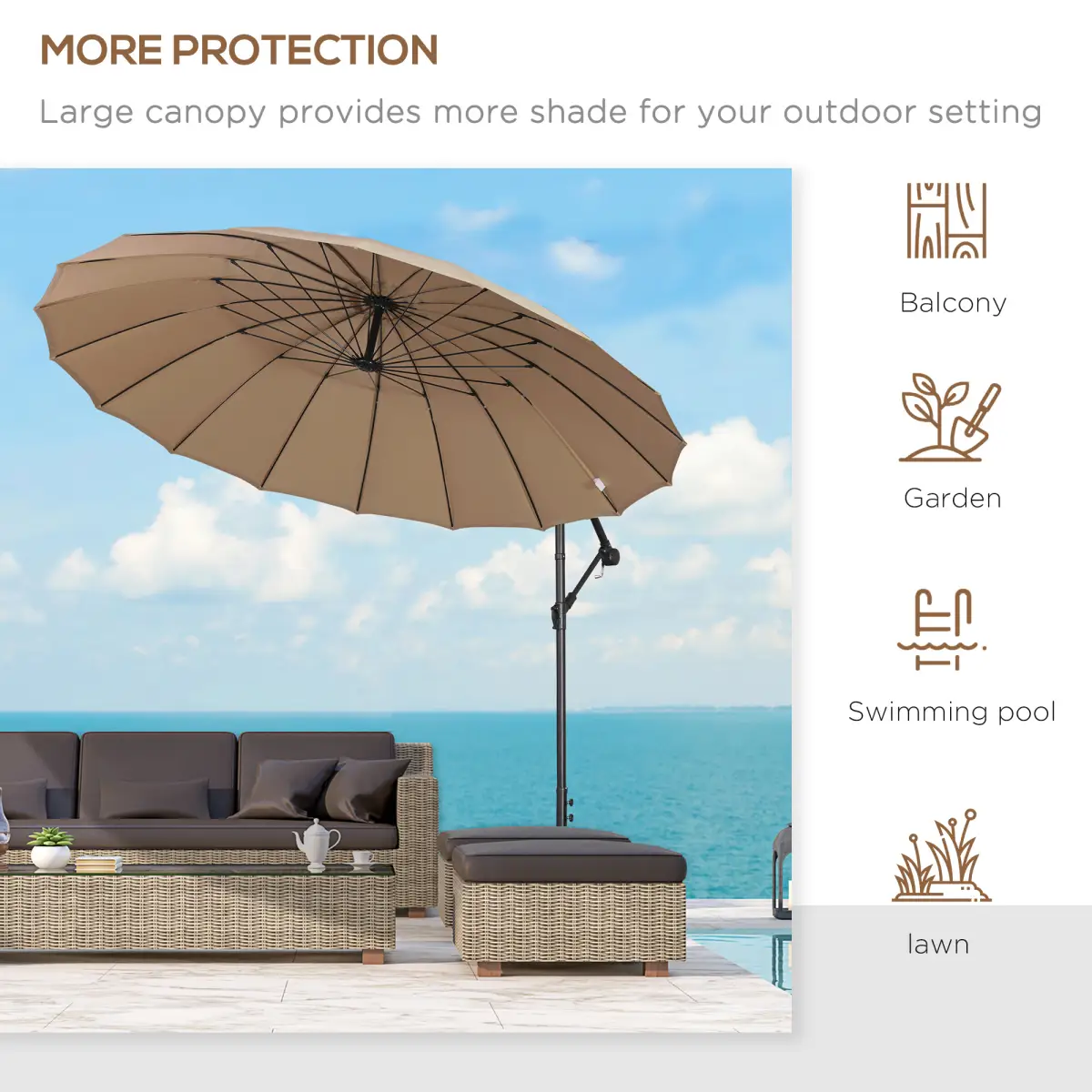 Unbranded 3(m) Cantilever Shanghai Parasol w/ Crank Handle, Cross Base, Khaki Outsunny - Parasol