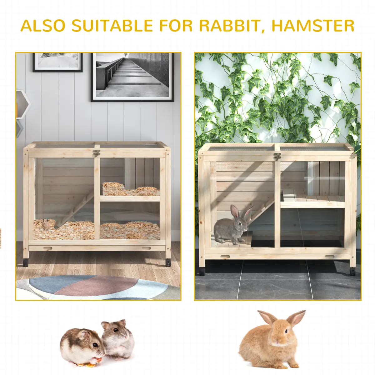 Pawhut Indoor Rabbit Hutch Guinea Pig House Bunny Cage Openable Roof, Natural - Rabbit Hutch