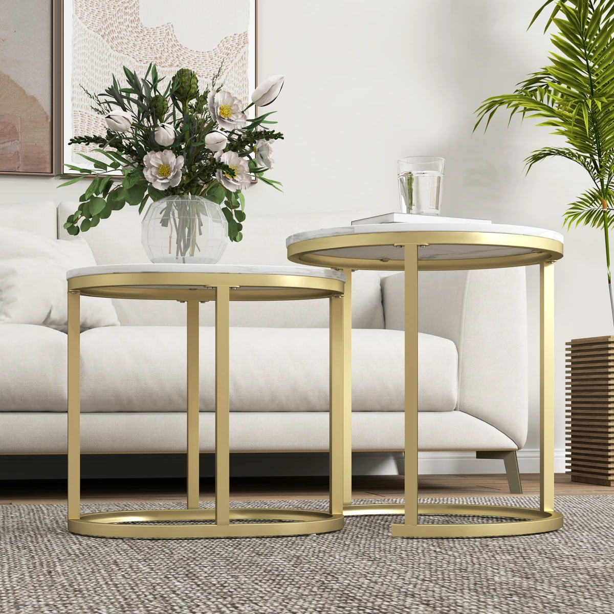 HOMCOM Elegant Side Tables RoundOblong Marble LivingArea - Nest of Tables