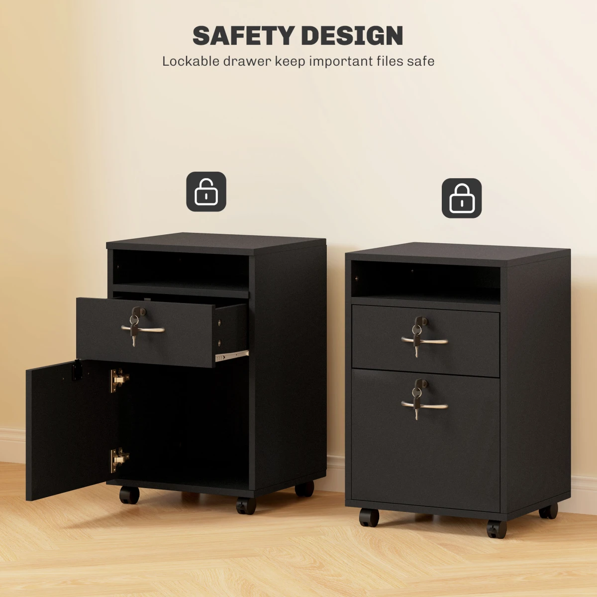 HOMCOM Storage Cabinet 60cm With Drawers And Open Shelf On Wheels For Home Office by HOMCOM