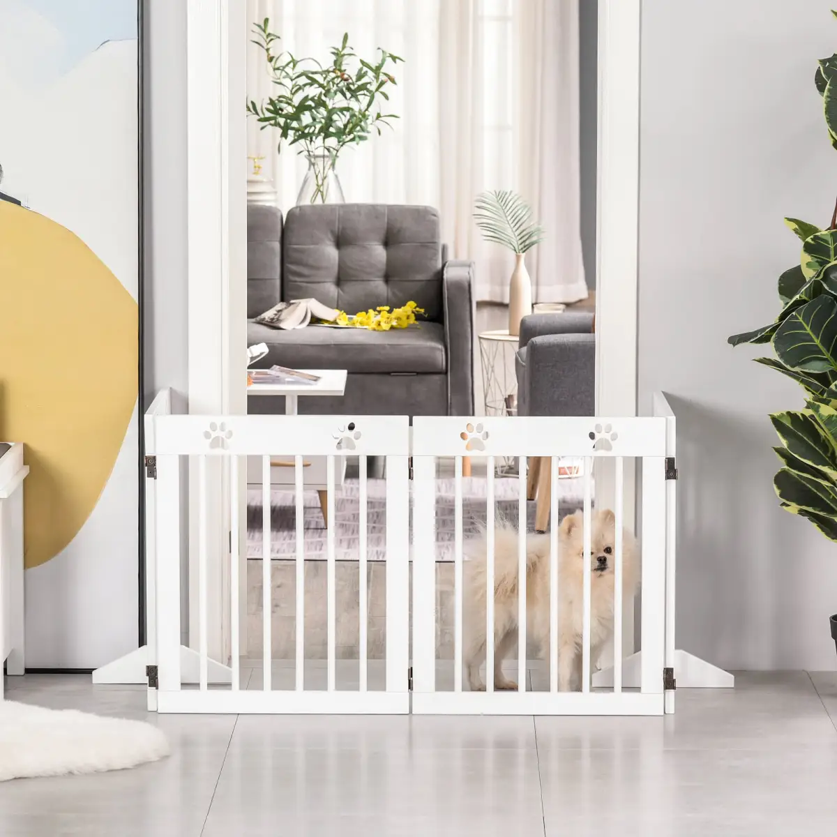 Pawhut Freestanding Pet Gate 4 Panel Folding Wooden Dog Barrier w/ Support Feet - Pet Gate