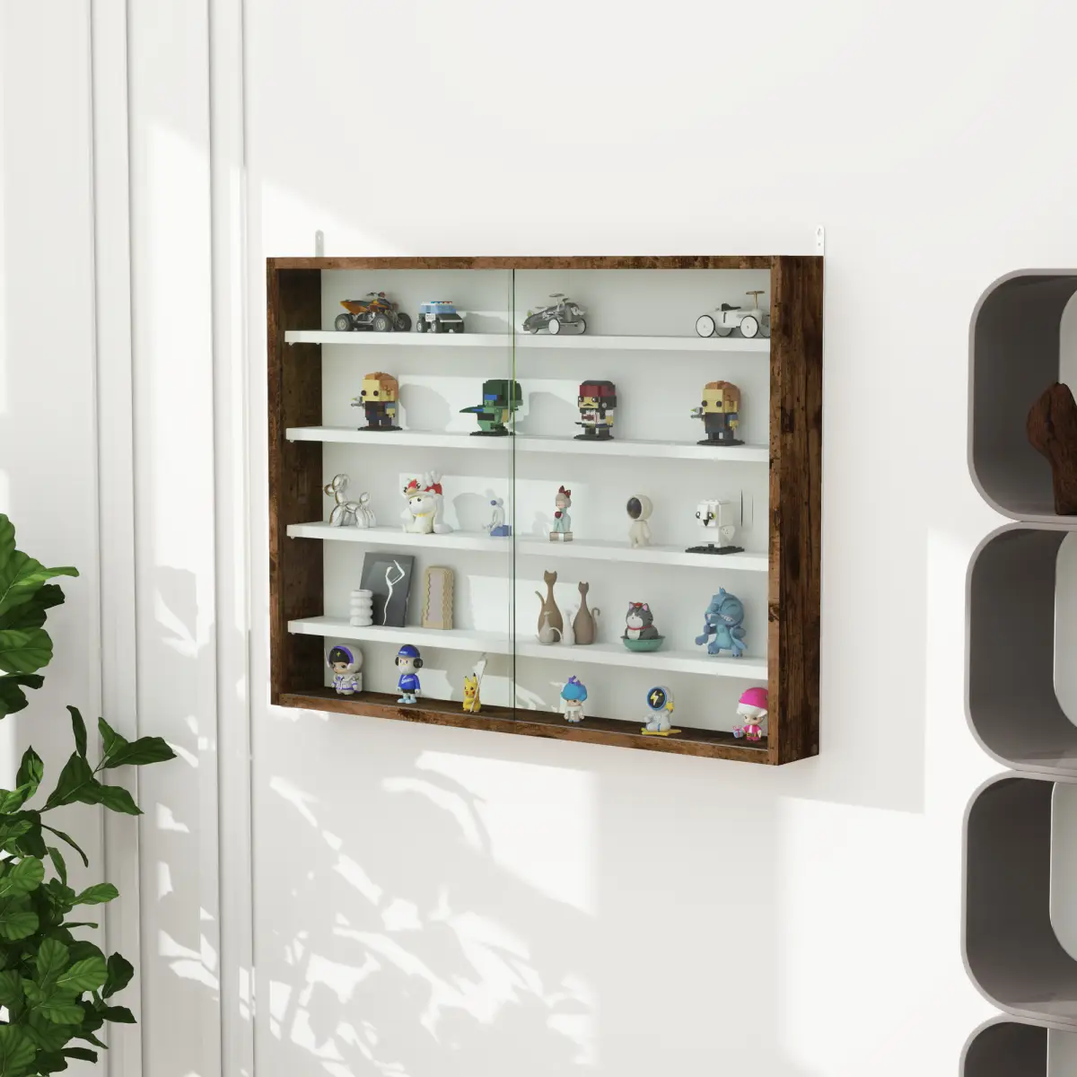 HOMCOM HOMCOM 5-Tier Wall Display Shelf Unit Cabinet w/ Shelves Glass Doors brown - Display Cabinet