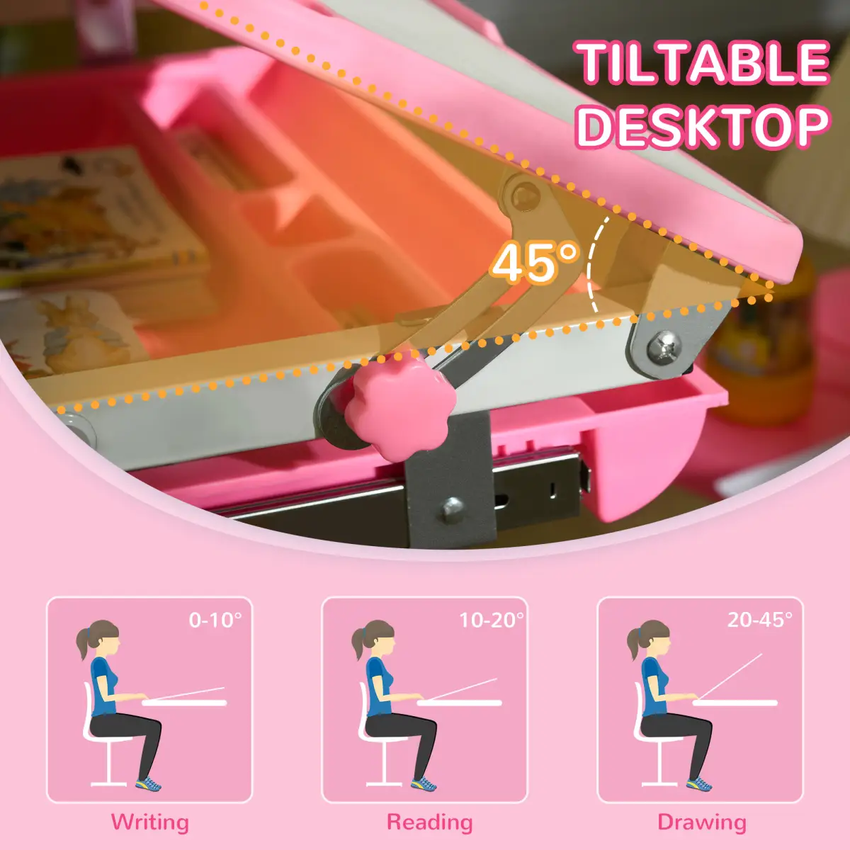 HOMCOM Kids Desk and Chair Set, Height Adjustable Desk with Drawer, Pen Slot, Hook - Desk