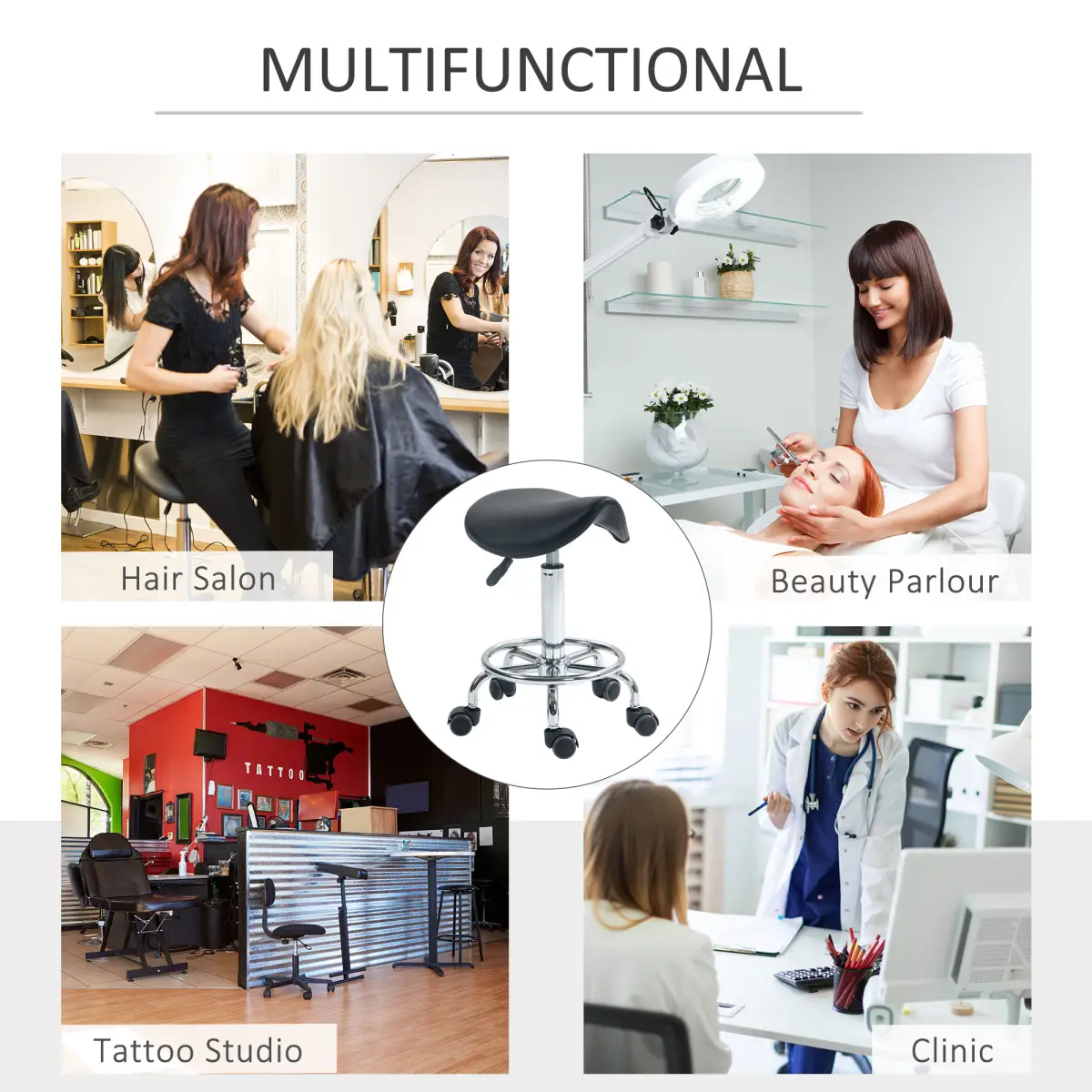 HOMCOM HOMCOM Saddle Chair, Rolling Salon Stool for Massage Spa Clinic Beauty, Black - Bar Stool