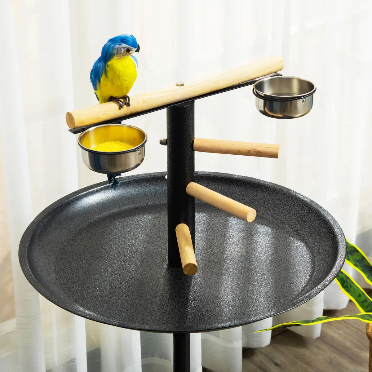 Pawhut Bird Play Stand Portable Feeder Station w/ Wooden Perches, Stainless Steel Bowls - Bird Feeder