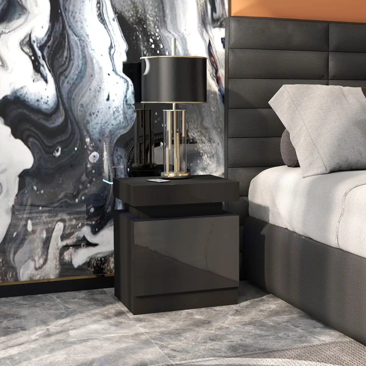 HOMCOM HOMCOM High Gloss Bedside Table with LED Light and 2 Drawers, Black - Bedside Table