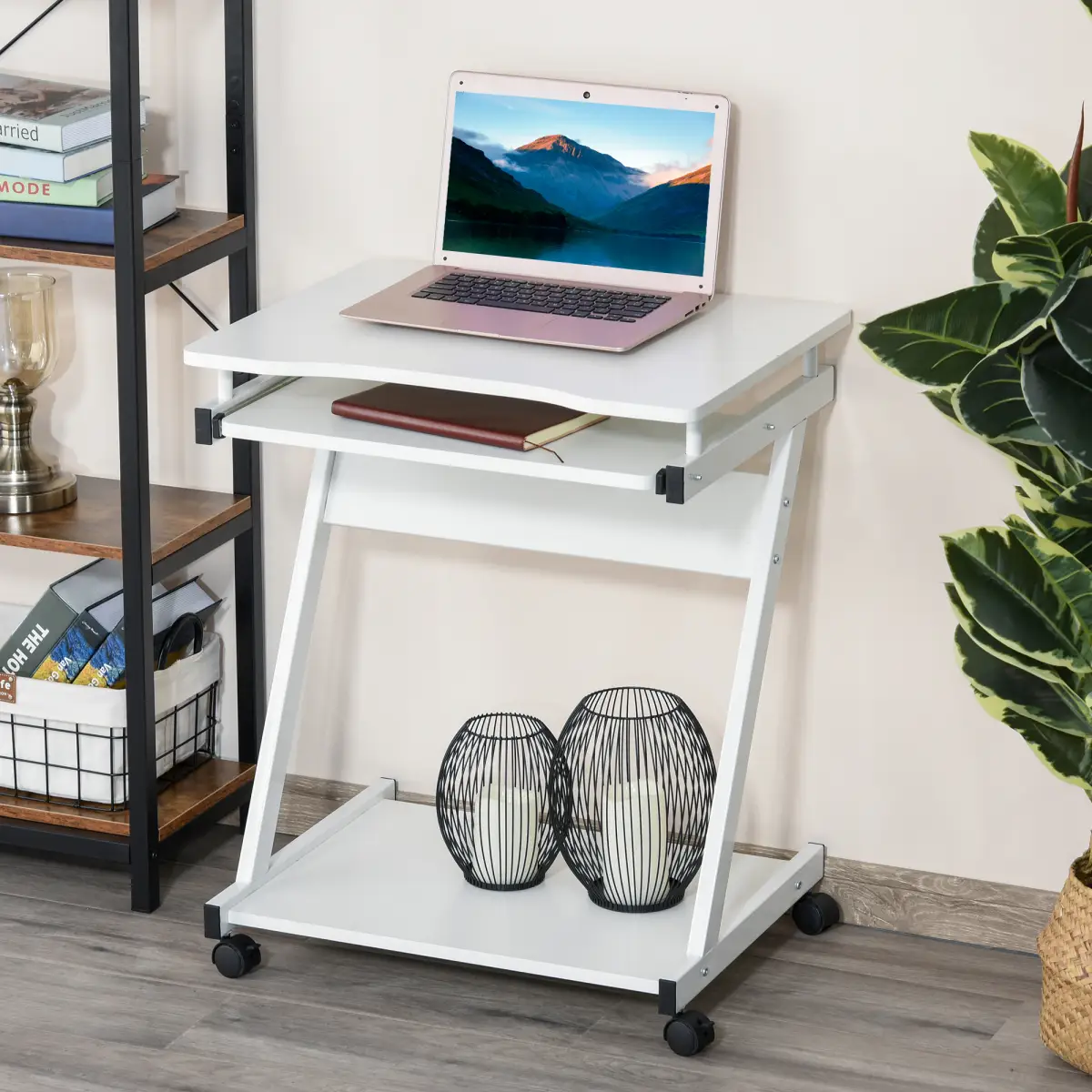 HOMCOM Computer Desk with 4 Moving Wheels Sliding Keyboard Tray White - Desk