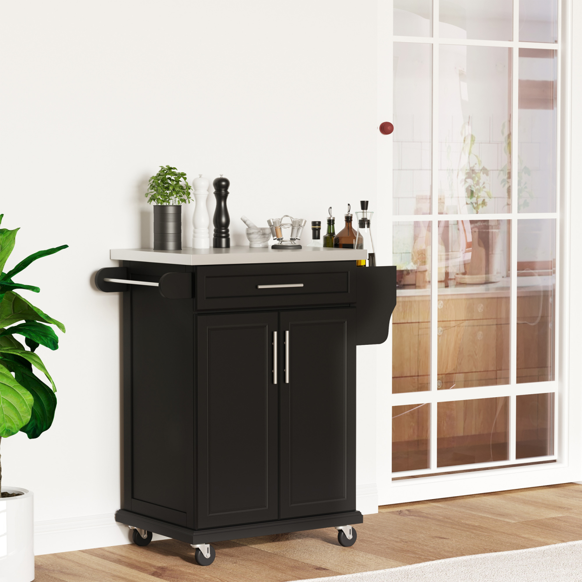 Rolling Kitchen Cart Storage Trolley with Drawer Towel Rail Steel Black HOMCOM - from Unbranded