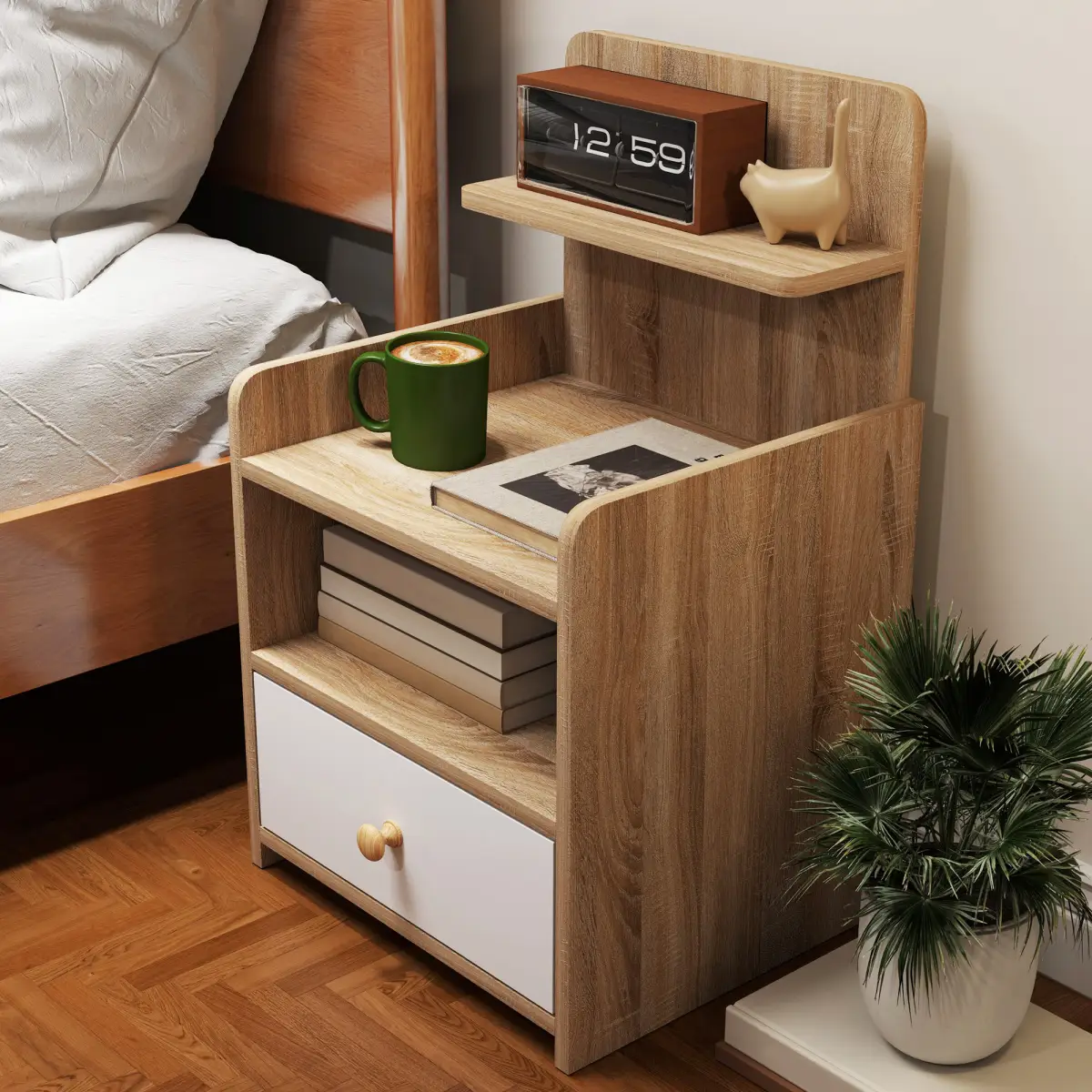 HOMCOM HOMCOM Bedside Table with Drawer for Bedroom, Living Room, Natural Wood Effect - Bedside Table