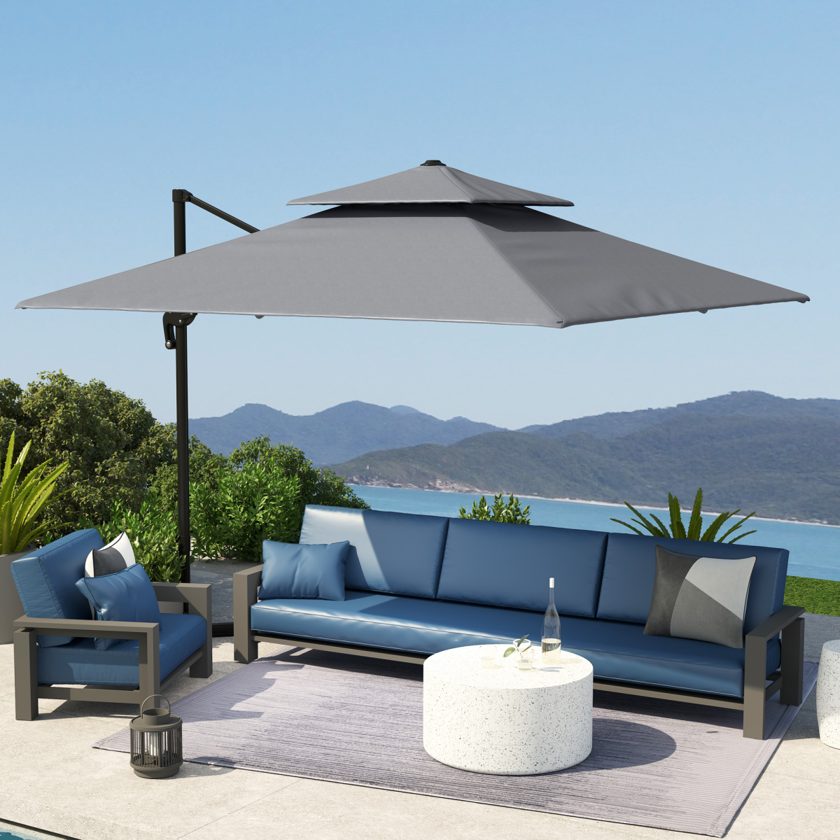 Outsunny Outsunny 360° Cantilever Parasol Roma Umbrella w/ Base Weights, Light Grey - Parasol