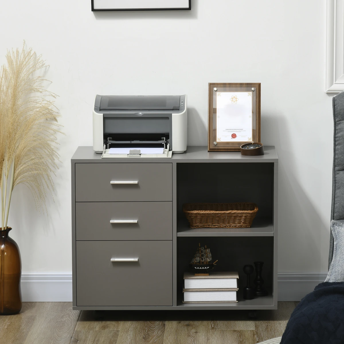 Sturdy Grey Freestanding Storage Cabinet With 3 Drawers And 2 Shelves On Wheels For Home Office by HOMCOM