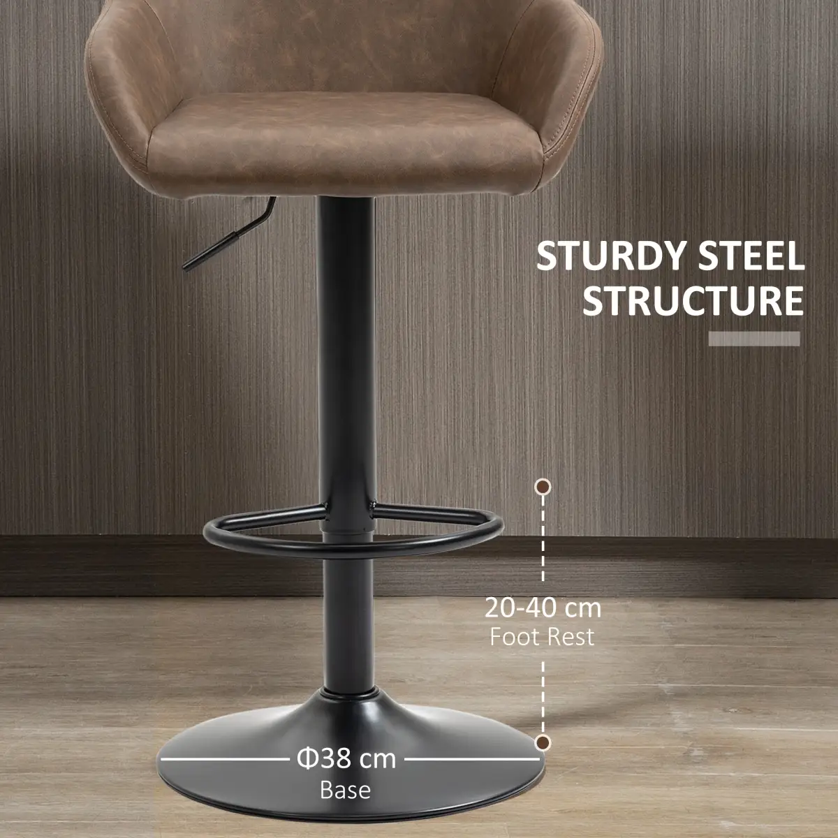 HOMCOM Set of 2, Swivel Barstools Footrest Backrest, PU Leather and Steel Brown - Bar Stool
