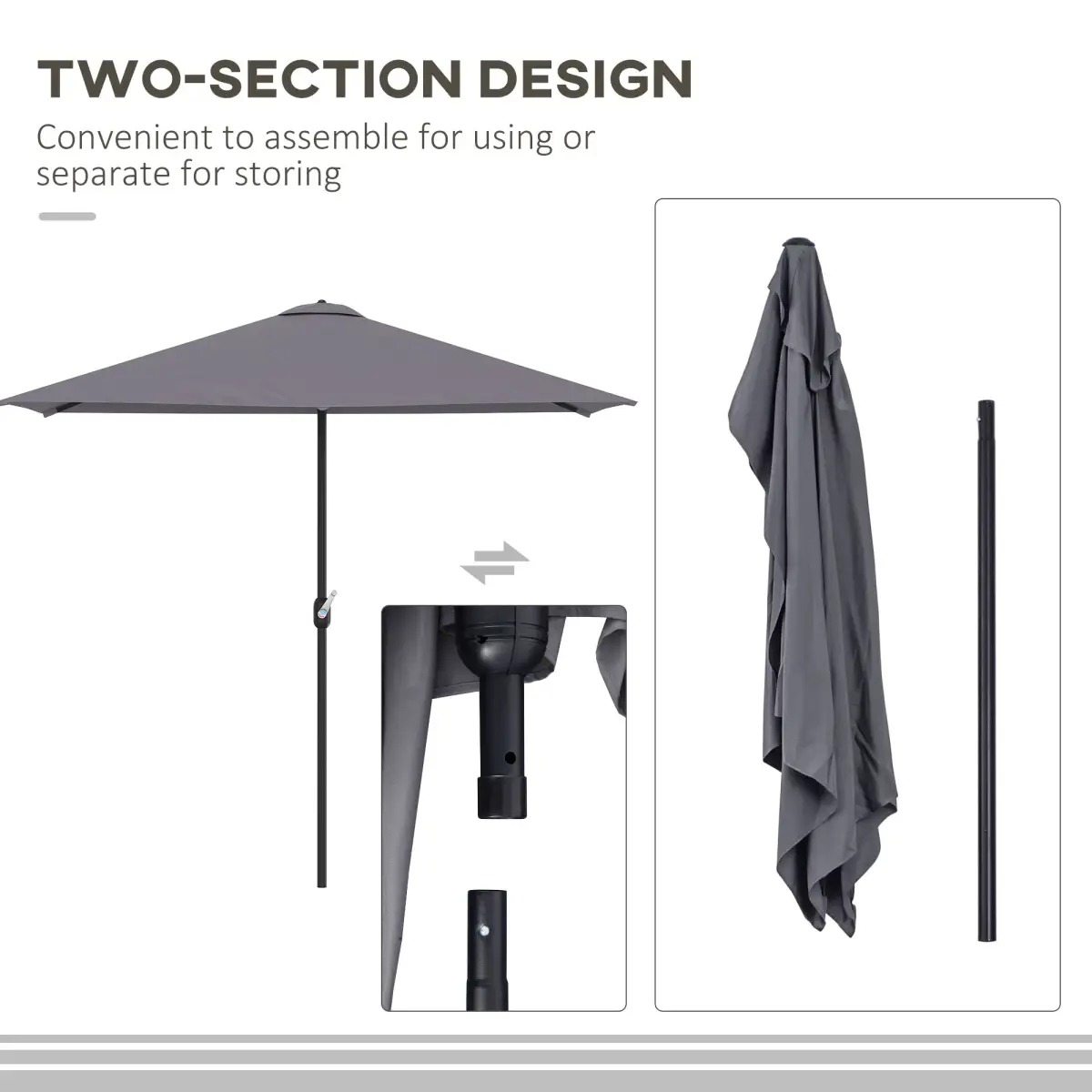 Outsunny Half Parasol Semi Round UmbrellaCrank 2.3m, Grey NO BASE INCLUDED - Parasol