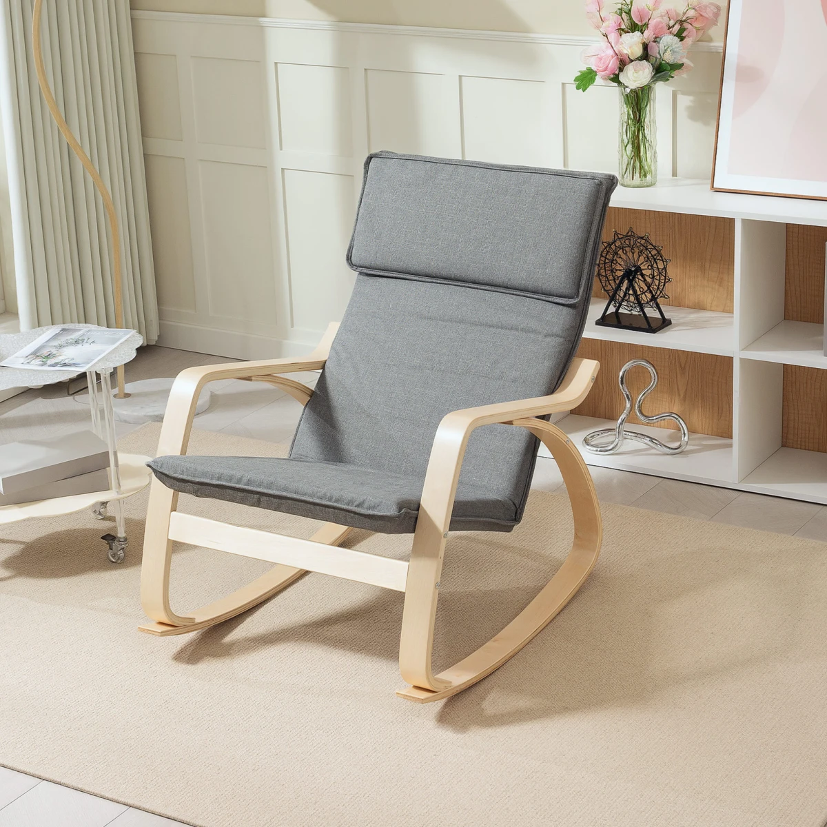 HOMCOM HOMCOM Rocking Chair Standard Size High Back with Headrest Linen Feel Grey for Living Room and Relaxation - Accent Chair