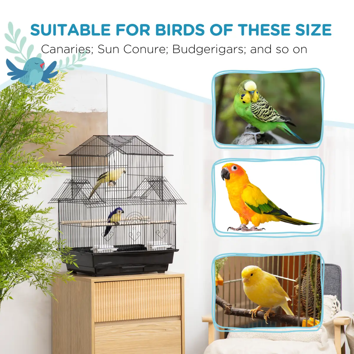 PawHut Metal Bird Cage w/ Plastic Perch Food Container Handle 50.5 x 40 x 63cm Black - Bird Cage