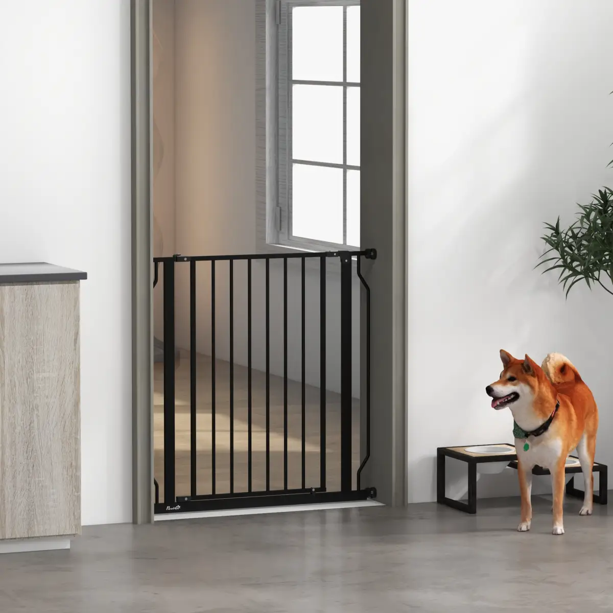 PawHut PawHut Dog Gate Wide Stair Gate w/ Door Pressure Fit, 75-85W cm, Black - Pet Gate