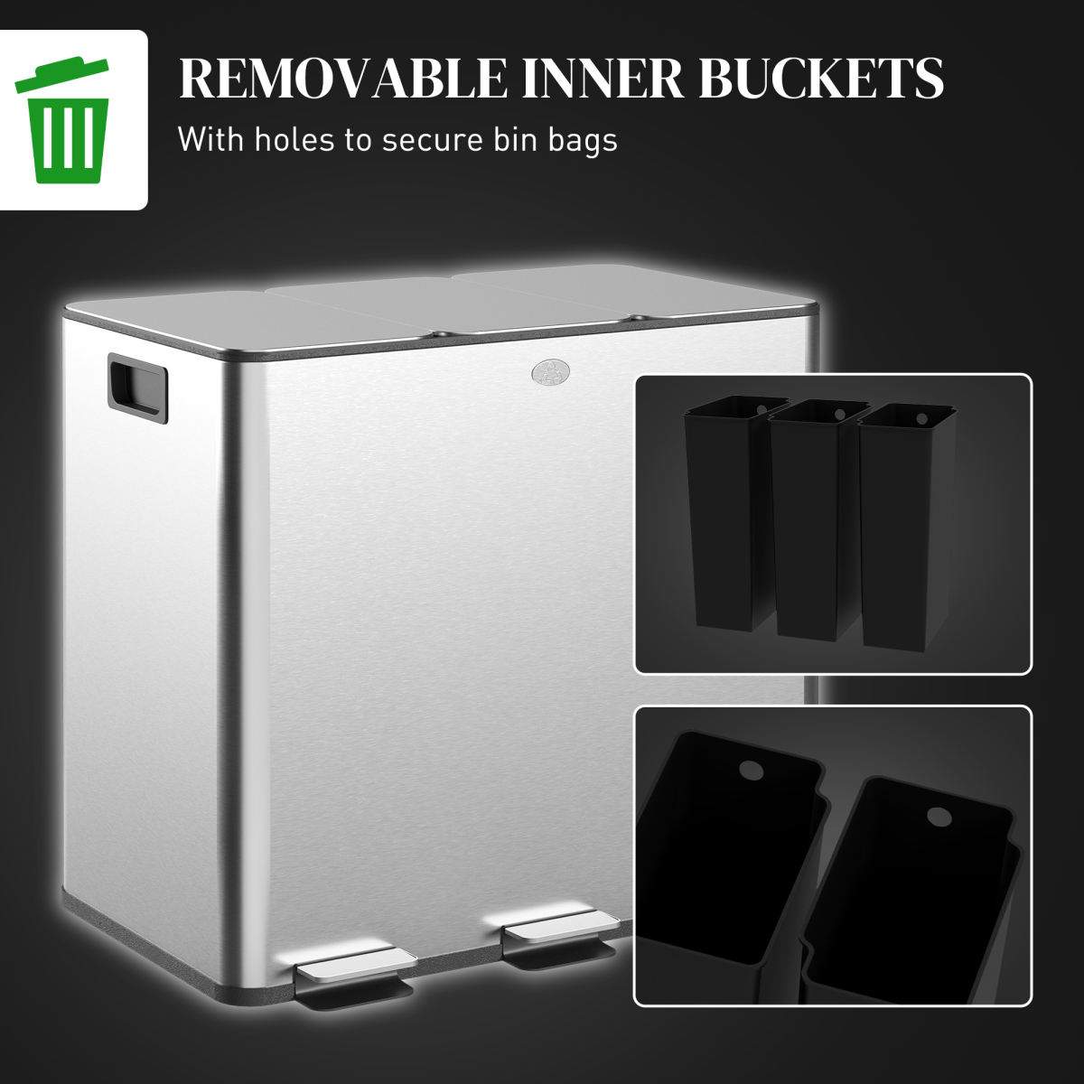 HOMCOM 3 x 15L Triple Kitchen Bin Pedal Bin for Recycling and Waste, Silver - from HOMCOM